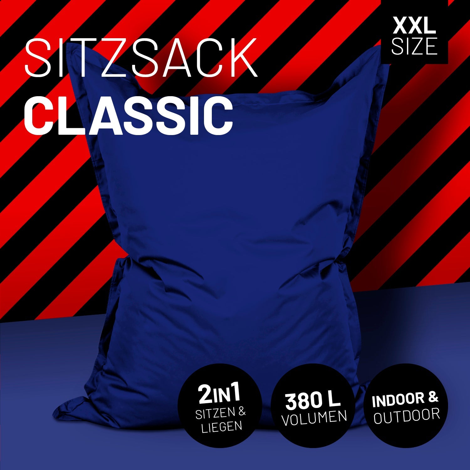 LUMALAND Sitzsack in Dunkelblau mit Icon "XXL Size", "2 in 1 - Sitzen & Liegen", "380 L Volumen" und "Indoor & Outdoor".