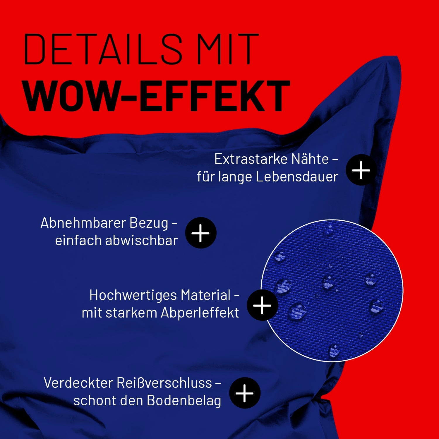 Dunkelblauer Sitzsack im Detail mit Informationen zu "Abwischbarer Bezug", "Verdeckter Reißverschluss" und "Extrastarke Nähte".