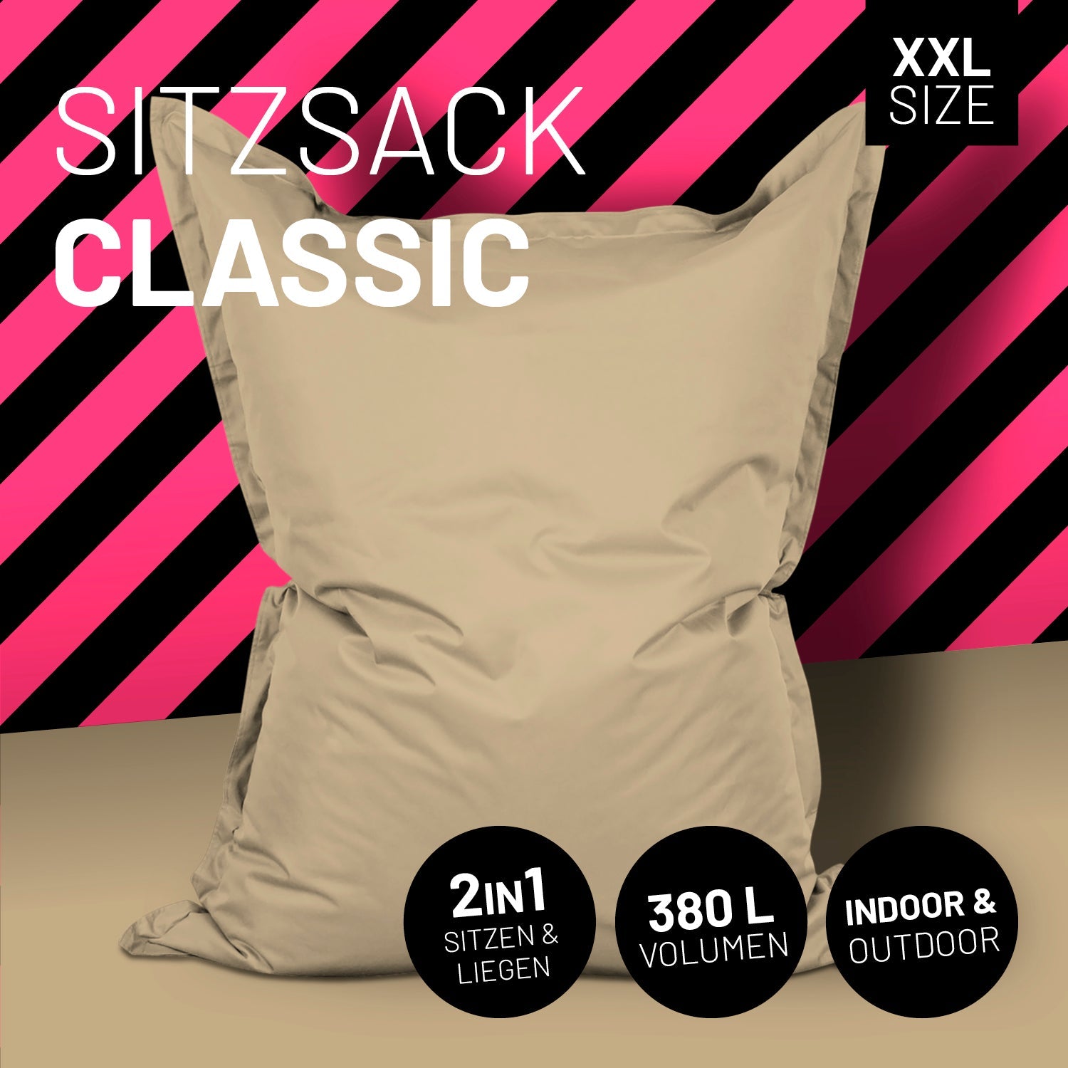 LUMALAND Sitzsack in Beige mit Icon "XXL Size", "2 in 1 - Sitzen & Liegen", "380 L Volumen" und "Indoor & Outdoor".