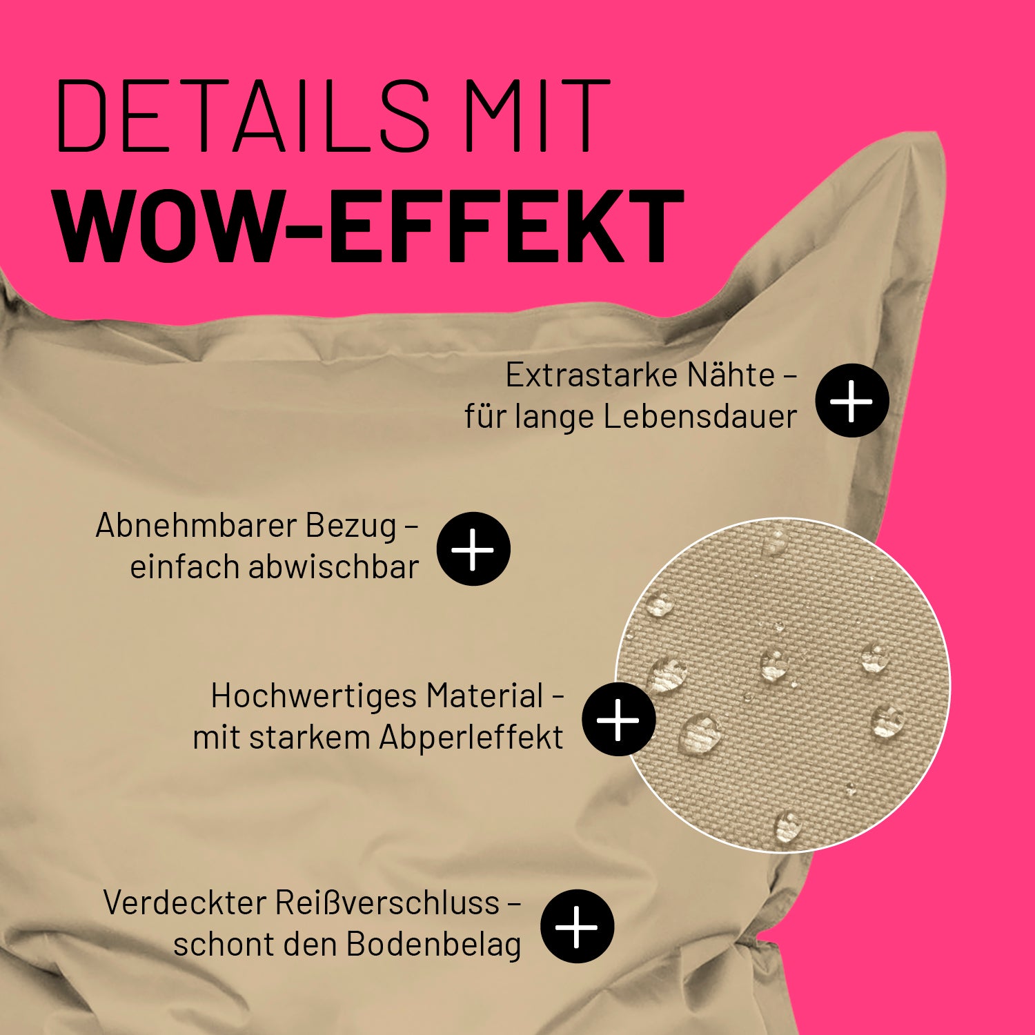 Beiger Sitzsack im Detail mit Informationen zu "Abwischbarer Bezug", "Verdeckter Reißverschluss" und "Extrastarke Nähte".
