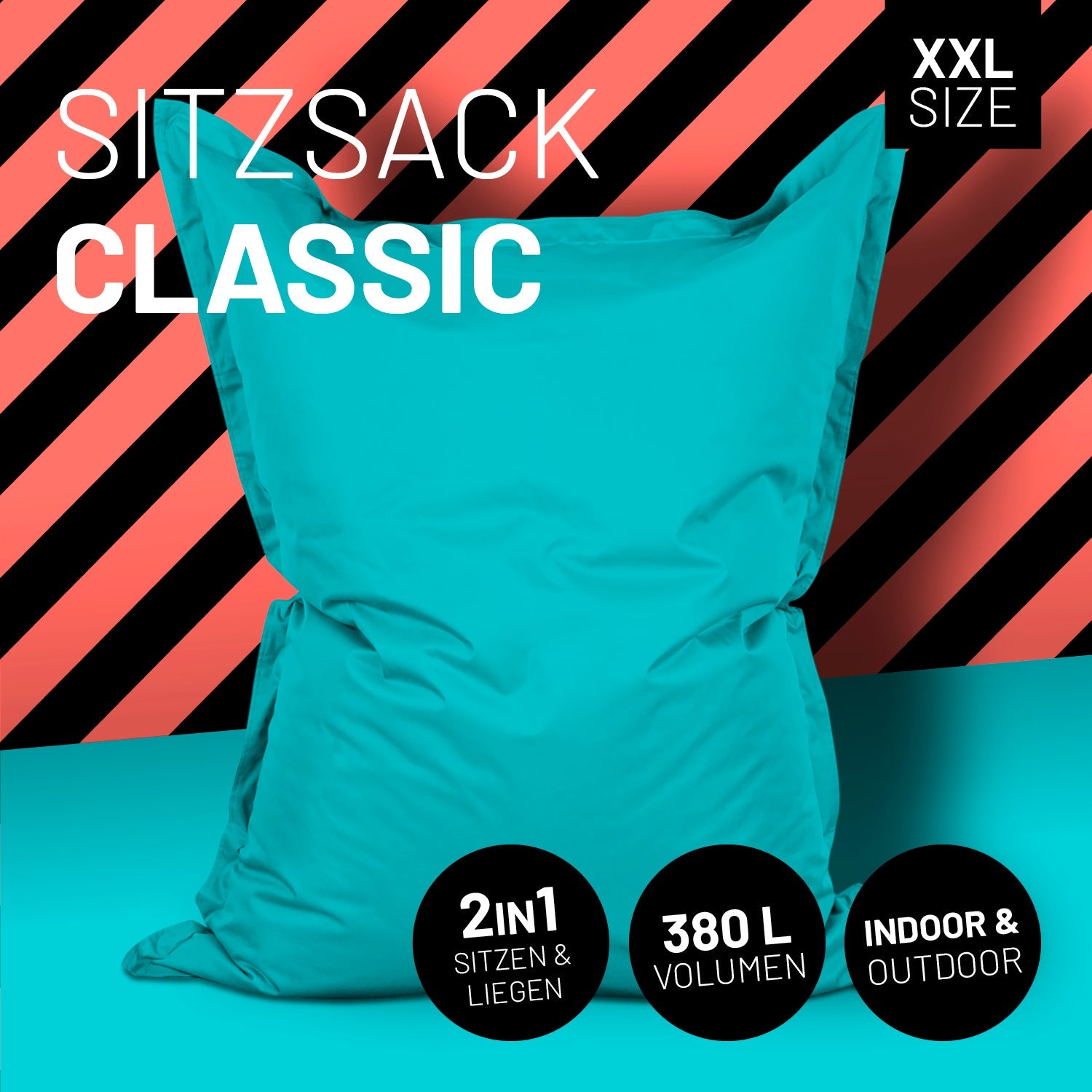LUMALAND Sitzsack in Aquamarin mit Icon "XXL Size", "2 in 1 - Sitzen & Liegen", "380 L Volumen" und "Indoor & Outdoor".