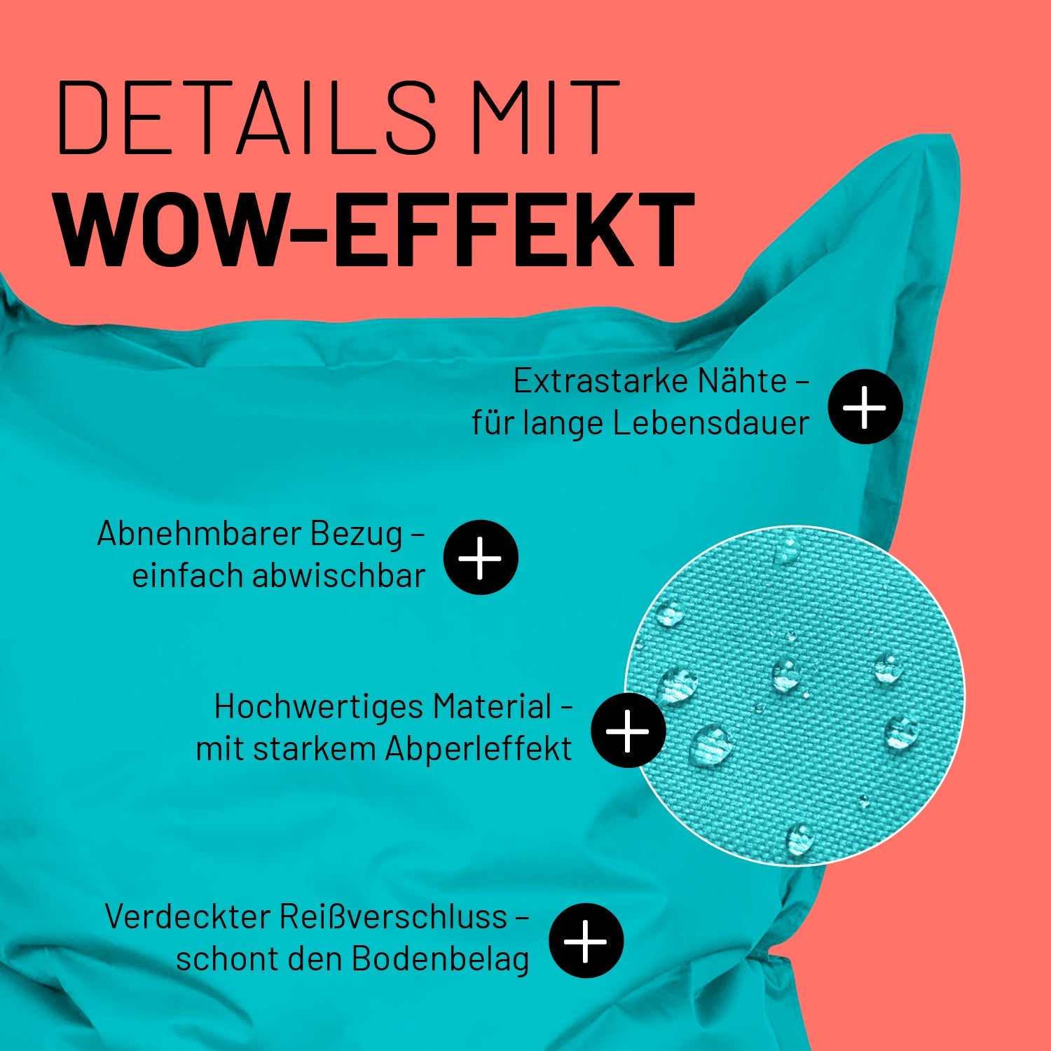 Aquamarin Sitzsack im Detail mit Informationen zu "Abwischbarer Bezug", "Verdeckter Reißverschluss" und "Extrastarke Nähte".