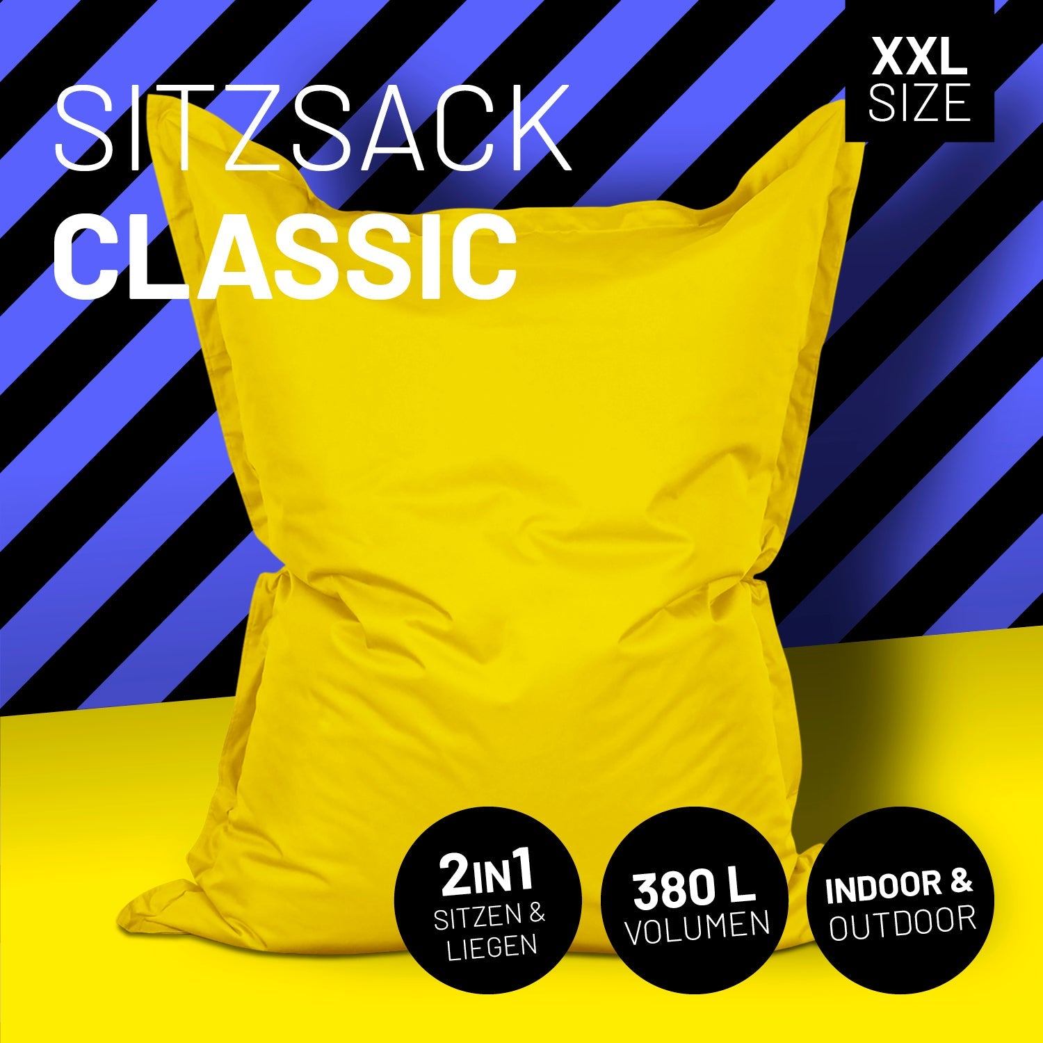 LUMALAND Sitzsack in Gelb mit Icon "XXL Size", "2 in 1 - Sitzen & Liegen", "380 L Volumen" und "Indoor & Outdoor".