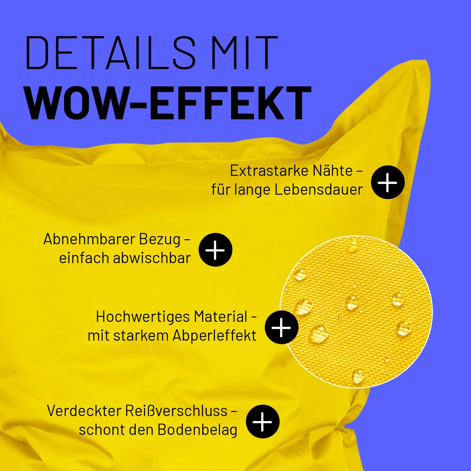 Gelber Sitzsack im Detail mit Informationen zu "Abwischbarer Bezug", "Verdeckter Reißverschluss" und "Extrastarke Nähte".