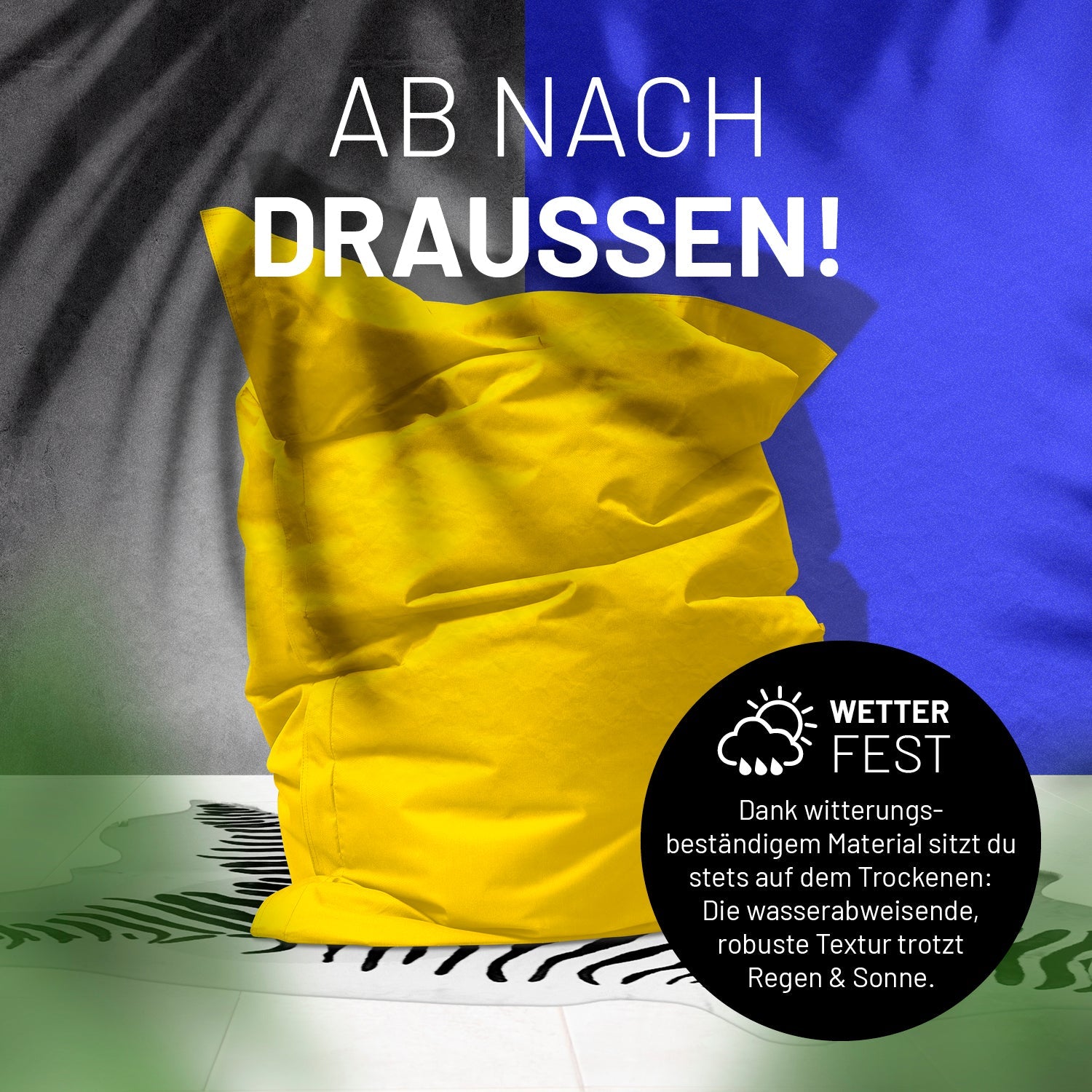 Sitzsack in Gelb auf einer Terrasse mit dem Schatten von Palmen - "Wetterfest" und "Witterungsbeständiges Material."