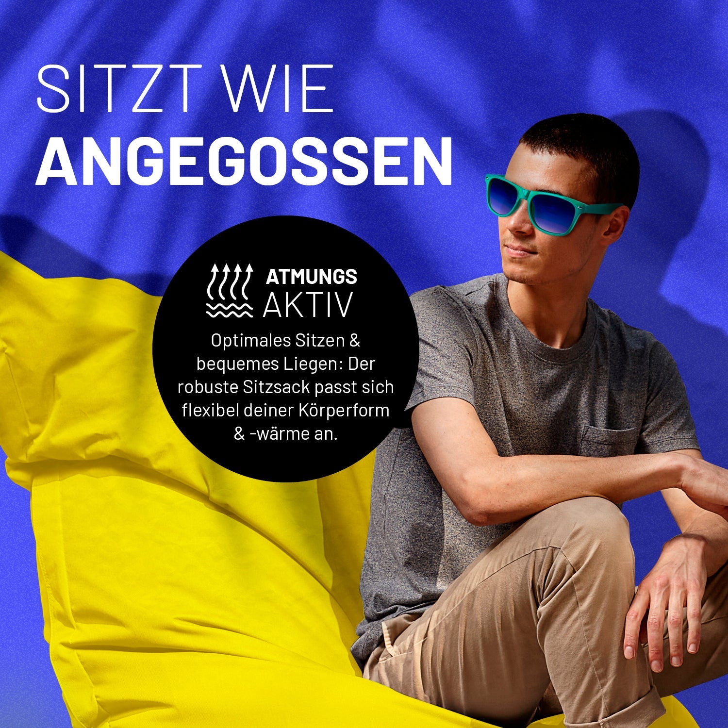 Ein junger Mann entspannt auf dem XXL Sitzsack in Gelb. Icon "Atmungsaktiv" und "Passt sich Körperform und -wärme an".