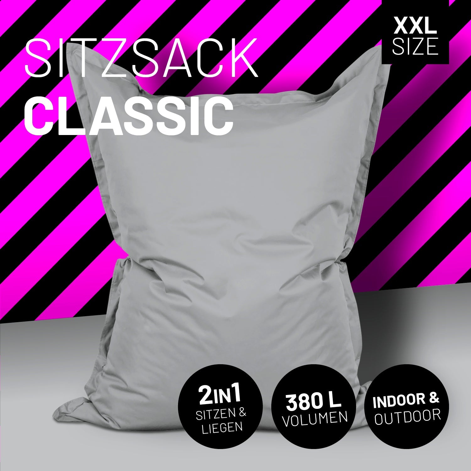 LUMALAND Sitzsack in Silbergrau mit Icon "XXL Size", "2 in 1 - Sitzen & Liegen", "380 L Volumen" und "Indoor & Outdoor".