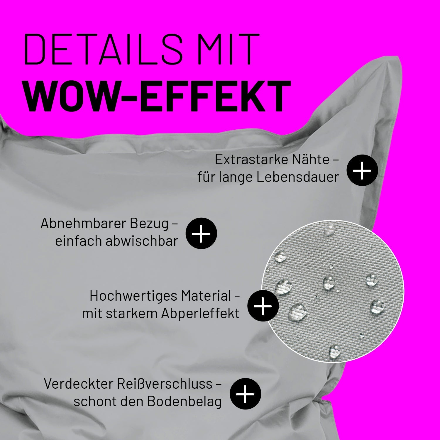 Silbergrauer Sitzsack im Detail mit Informationen zu "Abwischbarer Bezug", "Verdeckter Reißverschluss" und "Extrastarke Nähte".