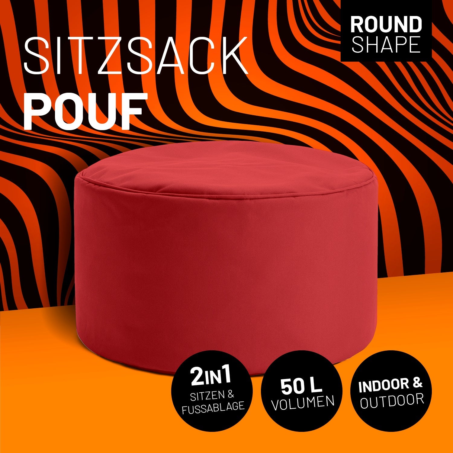Roter Pouf mit Icon "Round Shape", "2 in 1 - Sitzen & Fußablage", "50 L Volumen" und "Indoor & Outdoor".