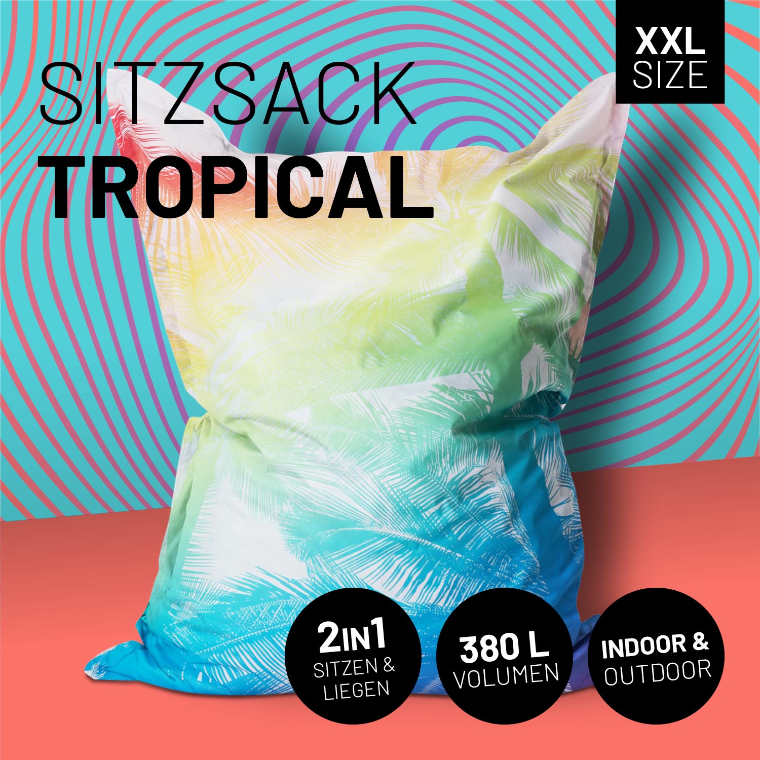 Sitzsack Printed Edition Tropical mit Icon "XXL Size", "2 in 1 - Sitzen & Liegen", "380 L Volumen" und "Indoor & Outdoor".