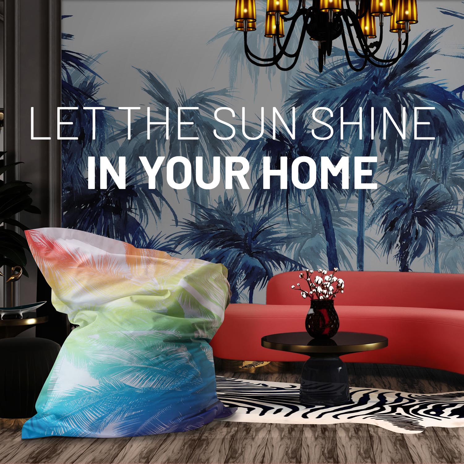 Ein Wohnzimmer mit Palmen-Tapete, XXL Sitzsack Tropical, Zebra-Teppich und modernen Sofa für dein Sunshine-Zuhause.
