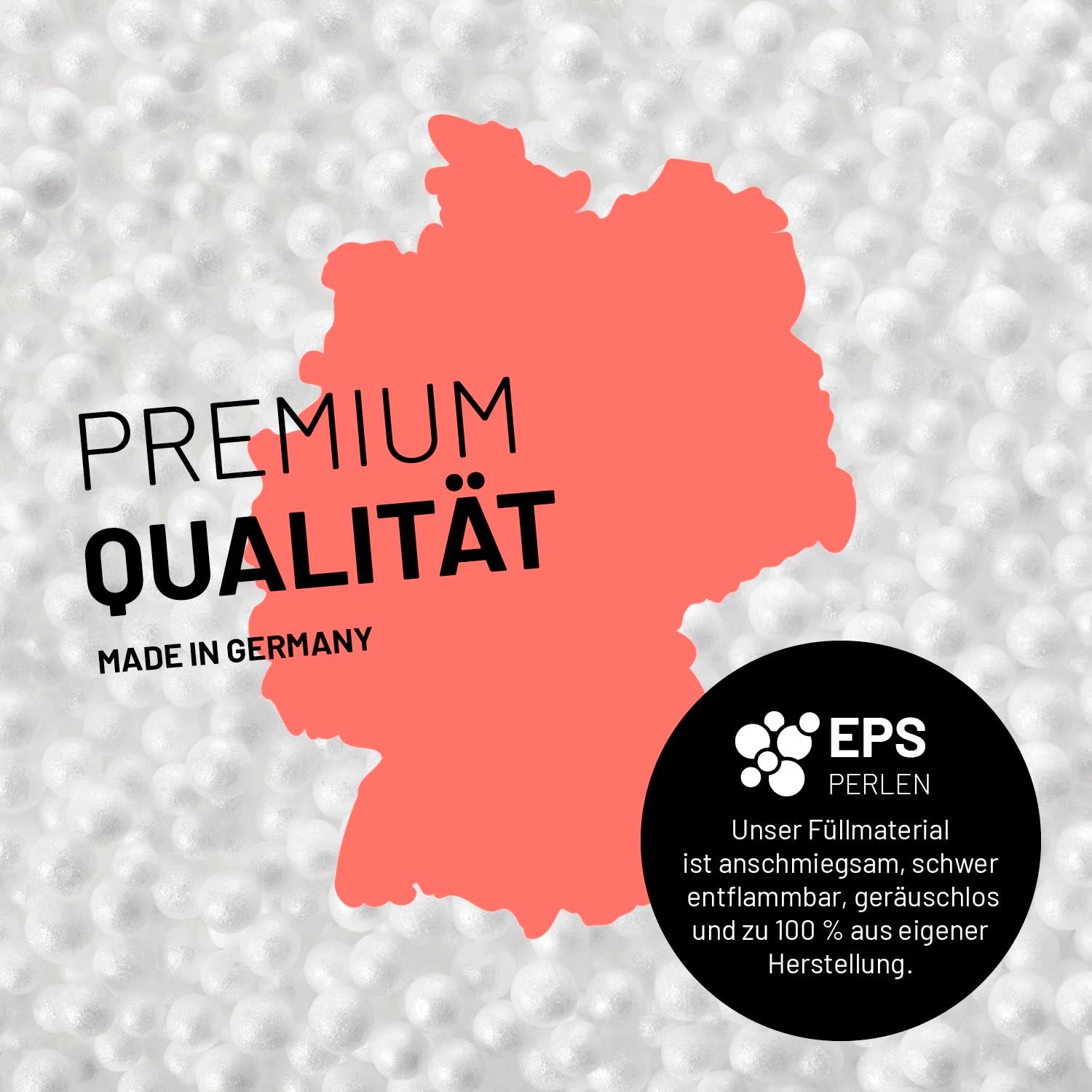 Umrisse der Deutschland-Karte mit Hinweis auf die EPS-Perlen und LUMALAND Germany 5 Jahre Garantie auf die Aussenhülle.