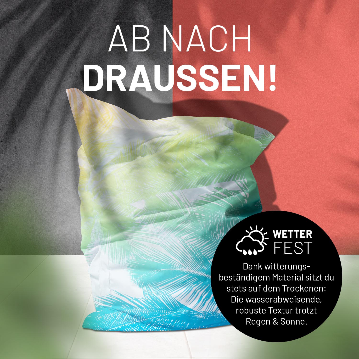 Sitzsack in Tropical auf einer Terrasse mit dem Schatten von Palmen - "Wetterfest" und "Witterungsbeständiges Material."