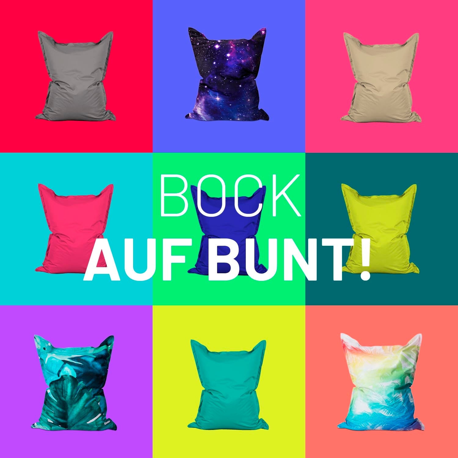 Neun verschiedene Farben des LUMALAND XXL Sitzsack inkl. der Printed Edition vor Kontrastfarben in Kacheln - Bock auf Bunt!