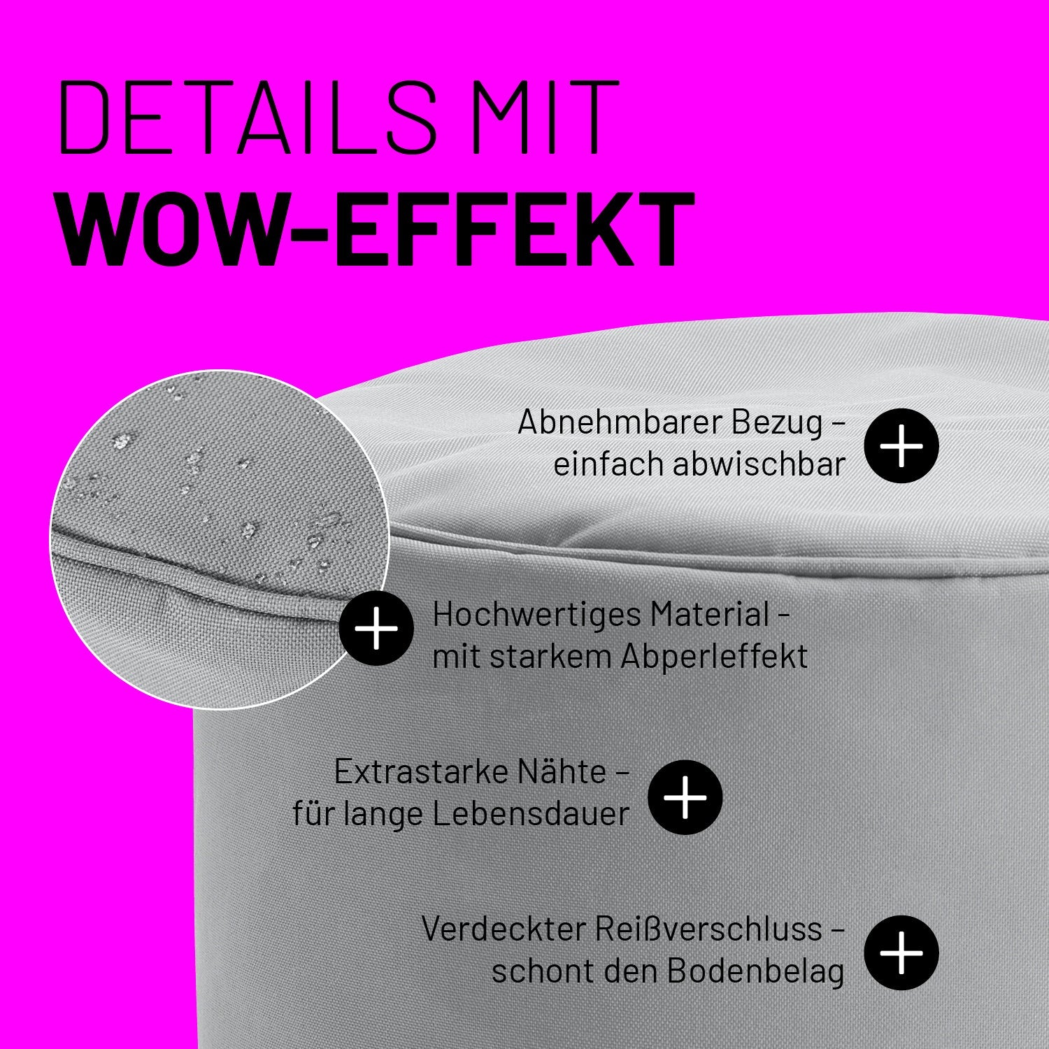 Silbergrauer Pouf im Detail mit Informationen zu "Abwischbarer Bezug", "Verdeckter Reißverschluss" und "Extrastarke Nähte".