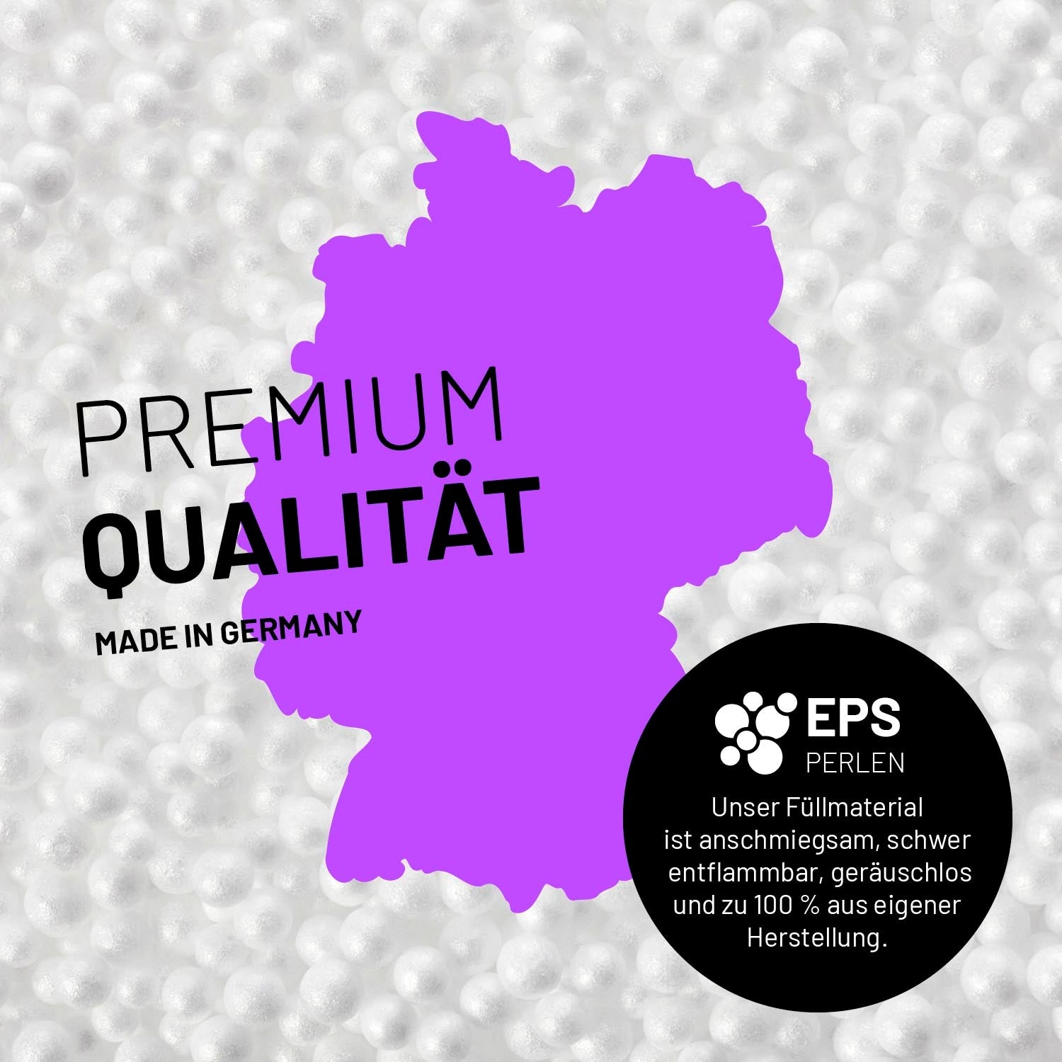 Umrisse der Deutschland-Karte mit Hinweis auf die EPS-Perlen und LUMALAND Germany 5 Jahre Garantie auf die Aussenhülle.