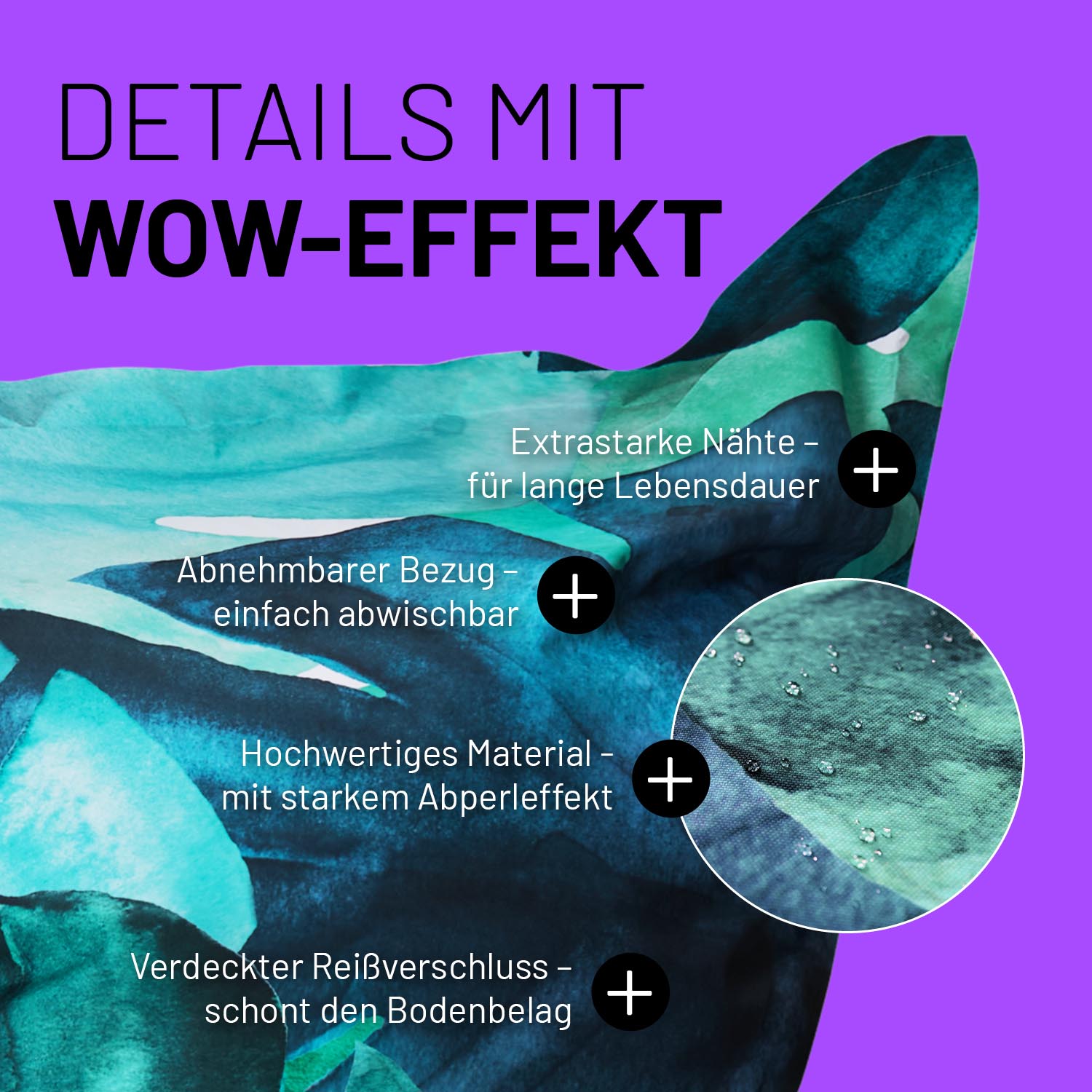Botanical Sitzsack im Detail mit Informationen zu "Waschbarer Bezug", "Verdeckter Reißverschluss" und "Extrastarke Nähte".