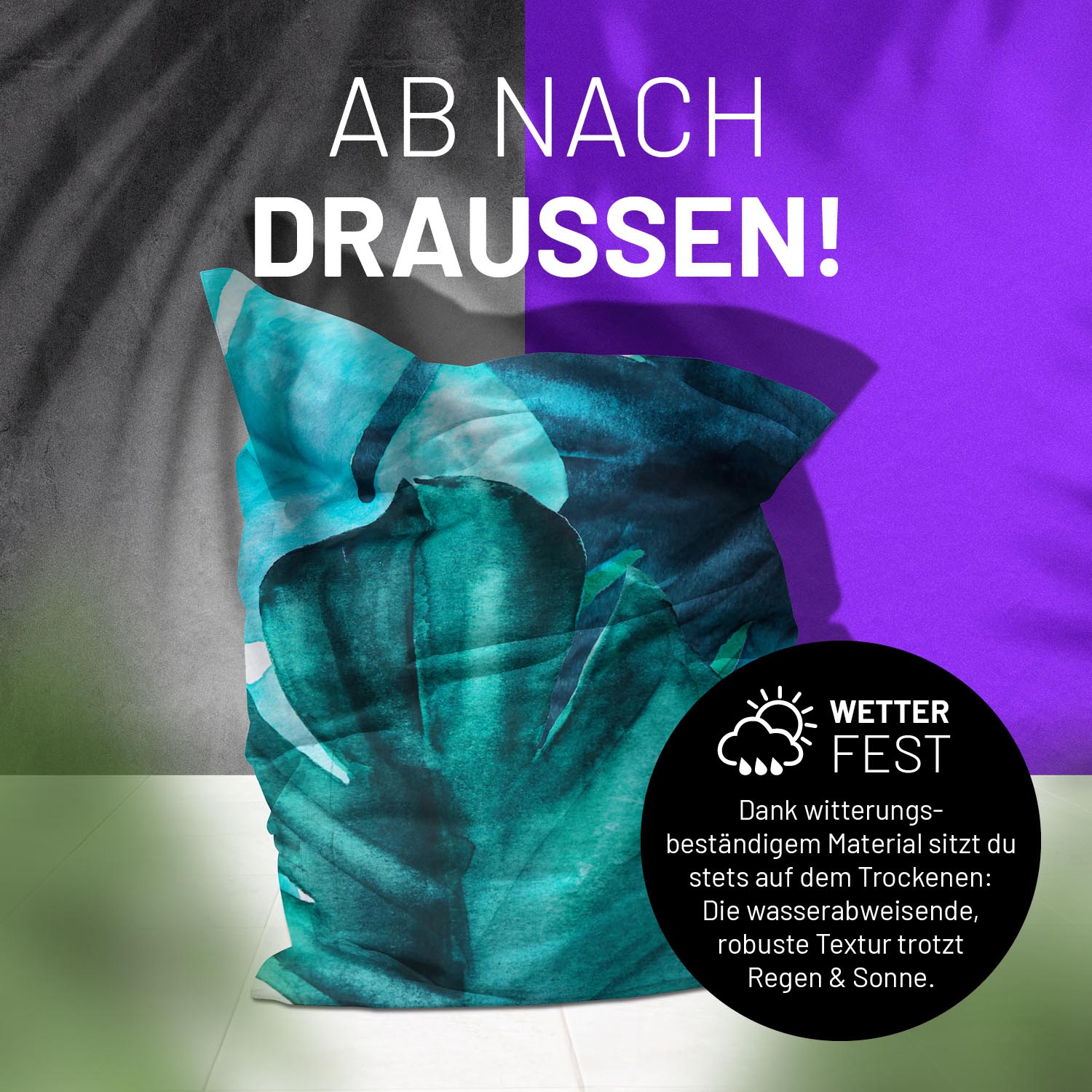 Sitzsack Botanical auf einer Terrasse mit dem Schatten von Palmen - "Wetterfest" und "Witterungsbeständiges Material."