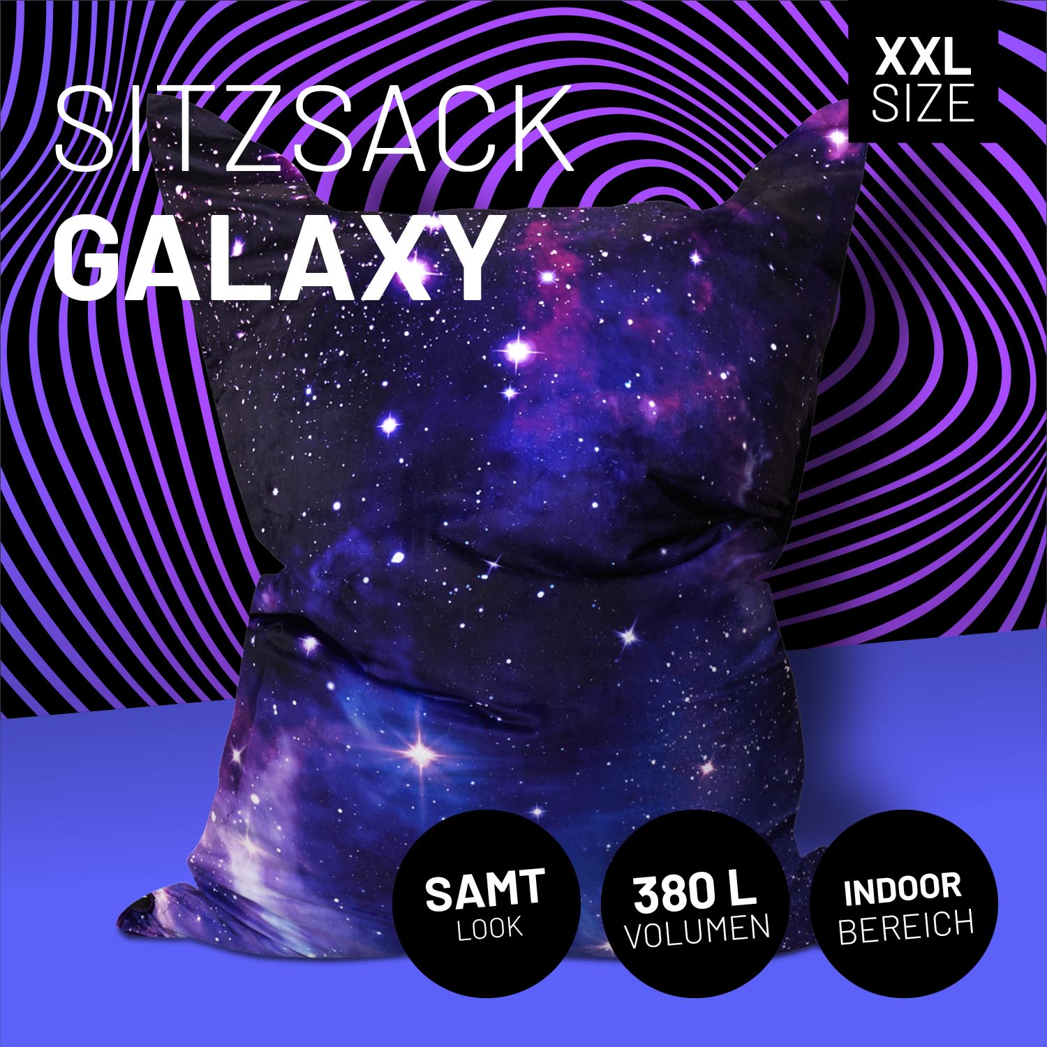 LUMALAND Sitzsack Printed Edition Galaxy mit Icon "XXL Size", "Samt Look", "380 L Volumen" und "Indoor & Outdoor".