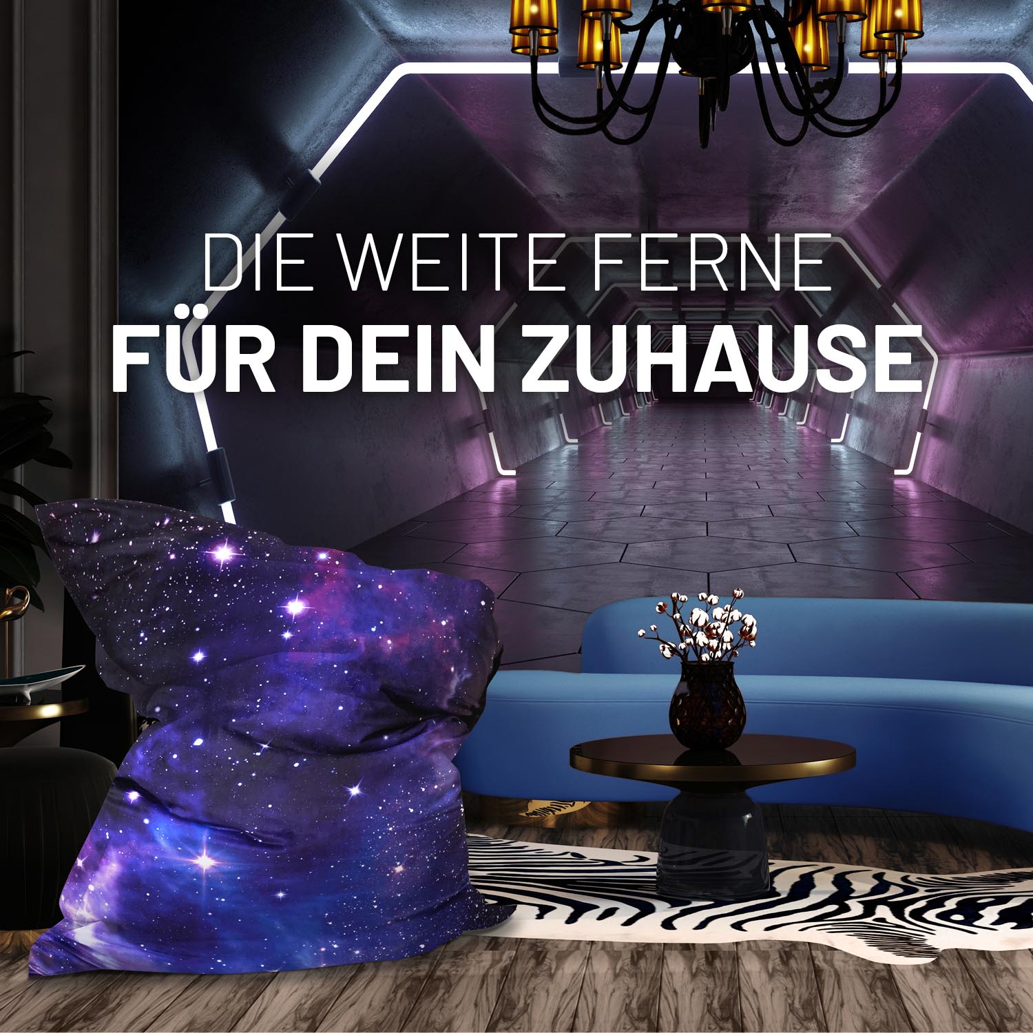 Ein Wohnzimmer mit Neon-Tunnel Tapete, XXL Sitzsack Galaxy, Zebra-Teppich und modernen Sofa für dein Zuhause.