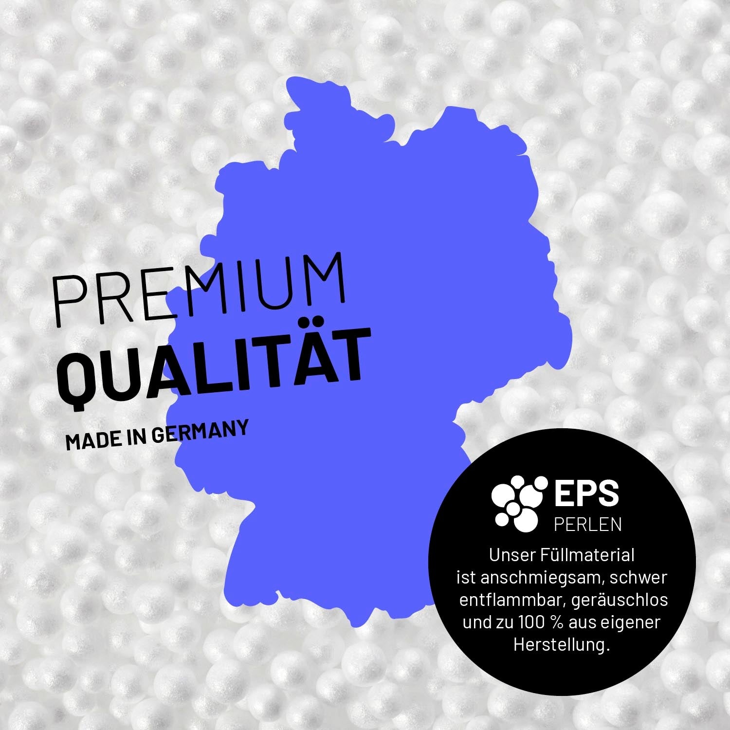 Umrisse der Deutschland-Karte mit Hinweis auf die EPS-Perlen und LUMALAND Germany 5 Jahre Garantie auf die Aussenhülle.