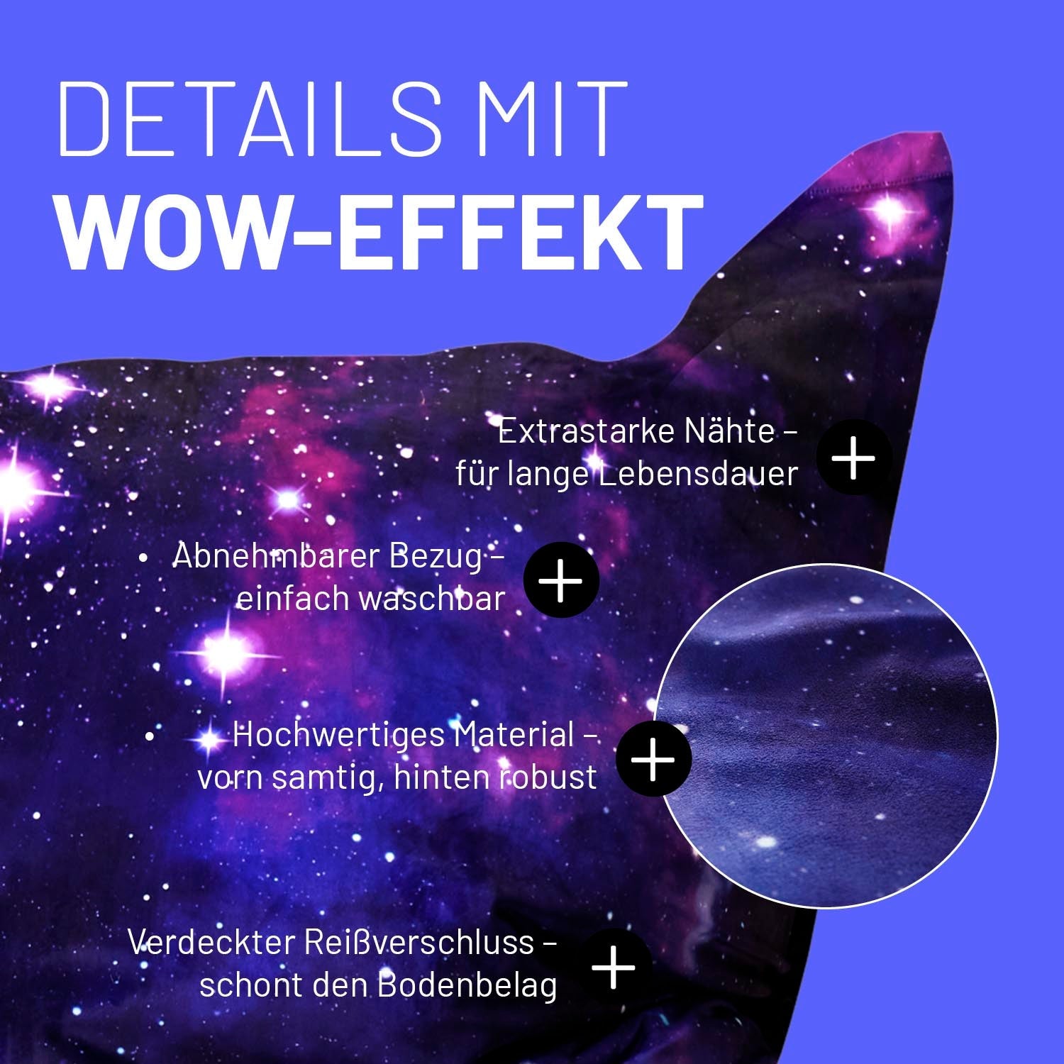 Galaxy Sitzsack im Detail mit Informationen zu "Waschbarer Bezug", "Verdeckter Reißverschluss" und "Extrastarke Nähte".
