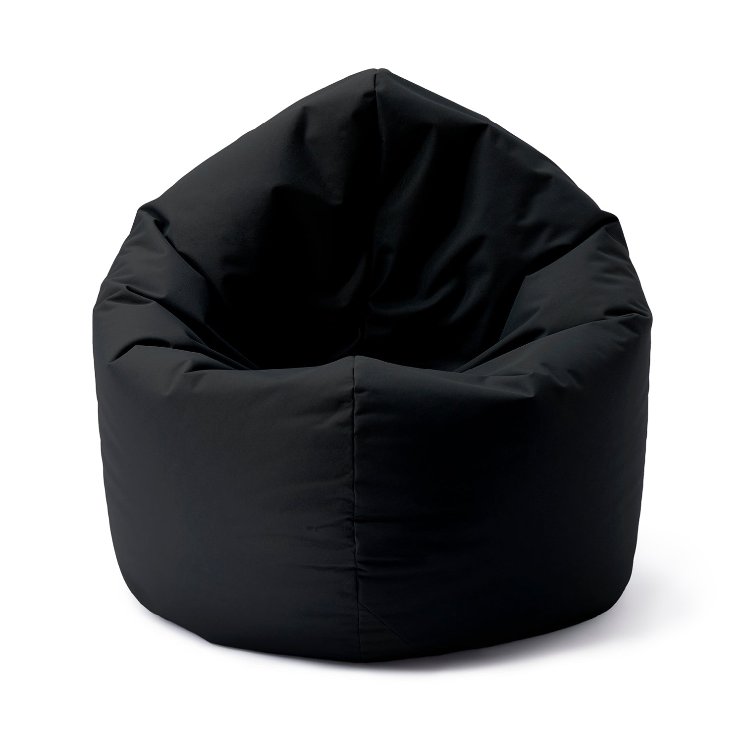 LUMALAND Runder Sitzsack 2-in-1 (Sitzsack oder Bodenkissen/Liegekissen) in Schwarz vor weißem Hintergrund.