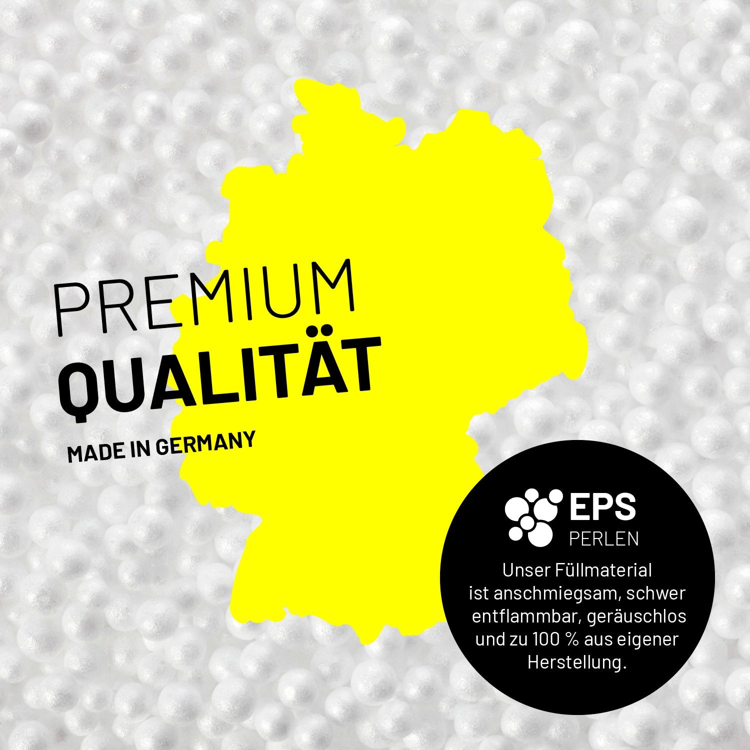 Umrisse der Deutschland-Karte mit Hinweis auf die EPS-Perlen und LUMALAND Germany 5 Jahre Garantie auf die Aussenhülle.