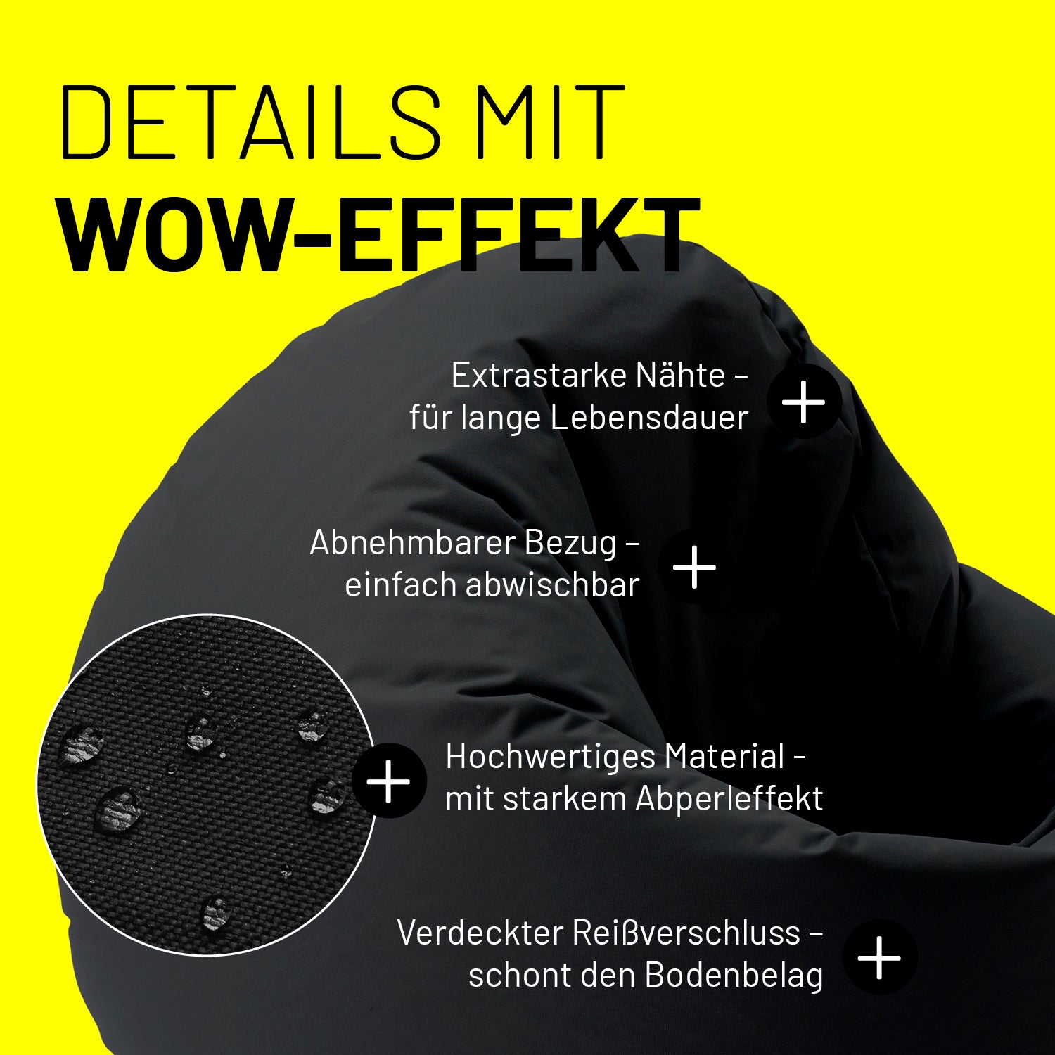 Schwarzer Sitzsack im Detail mit Informationen zu "Abwischbarer Bezug", "Verdeckter Reißverschluss" und "Extrastarke Nähte".