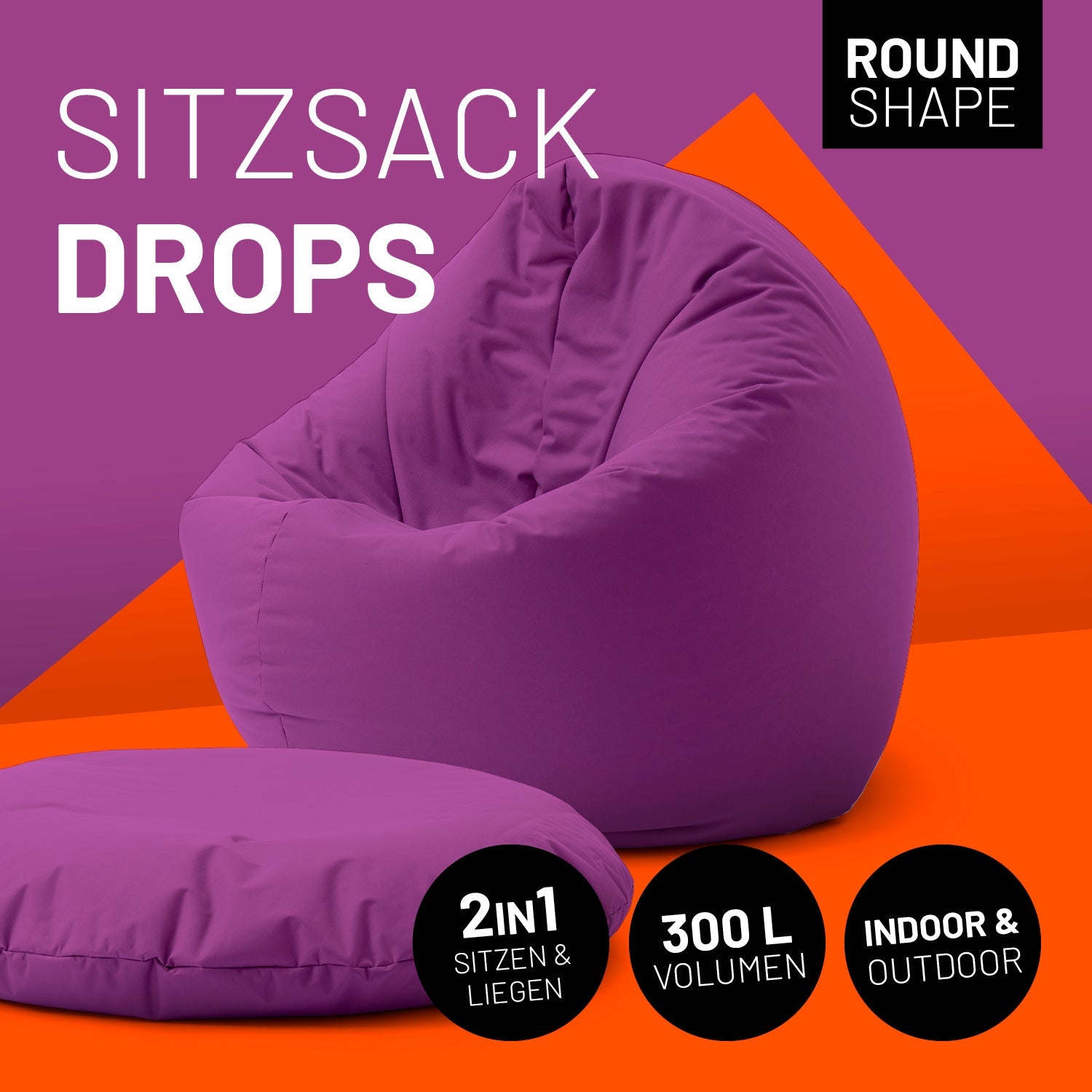 2-in-1-Sitzsack in Lila mit Icon "Round Shape", "2in1 - Sitzen & Liegen", "300 L Volumen" und "Indoor & Outdoor".