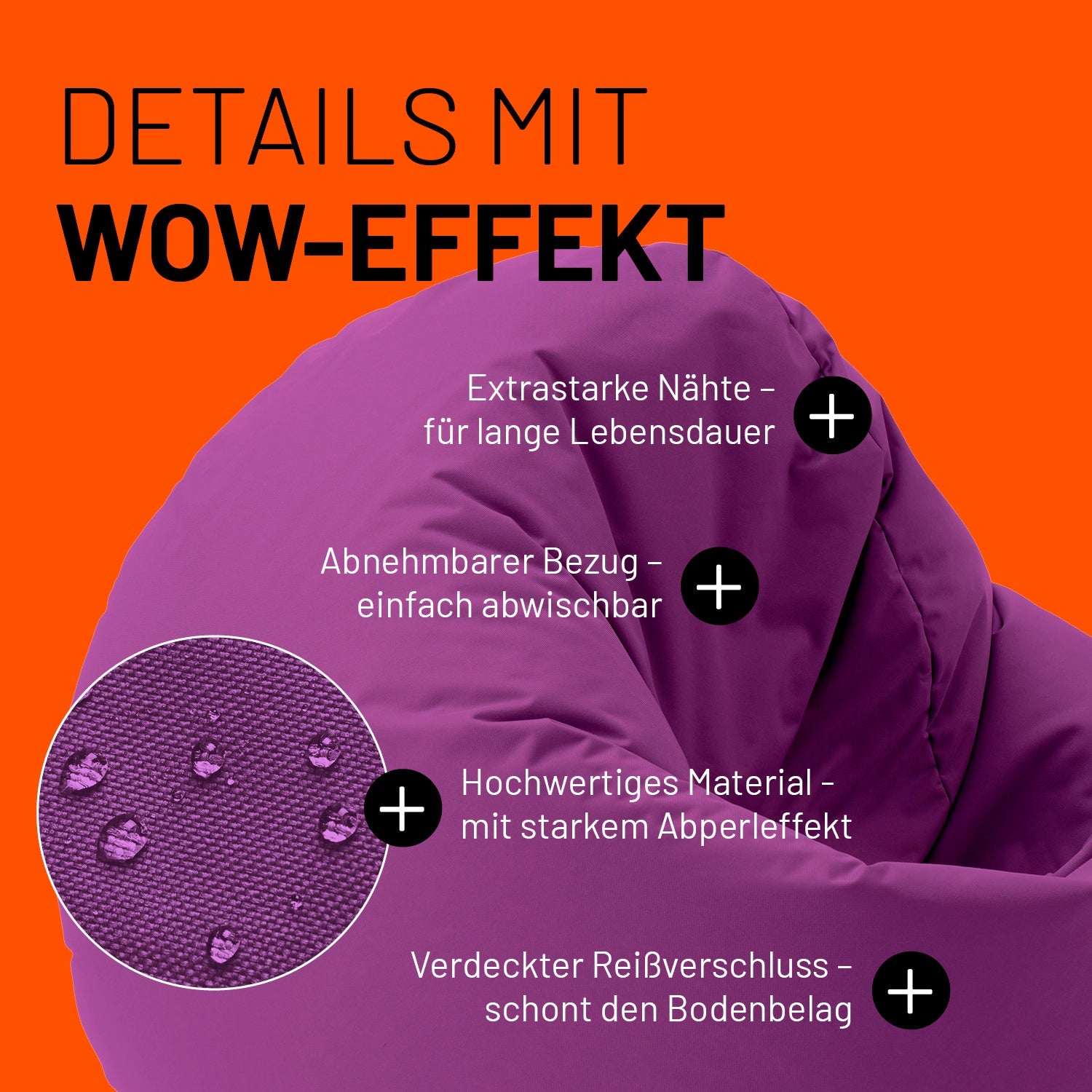 Lila Sitzsack im Detail mit Informationen zu "Abwischbarer Bezug", "Verdeckter Reißverschluss" und "Extrastarke Nähte".