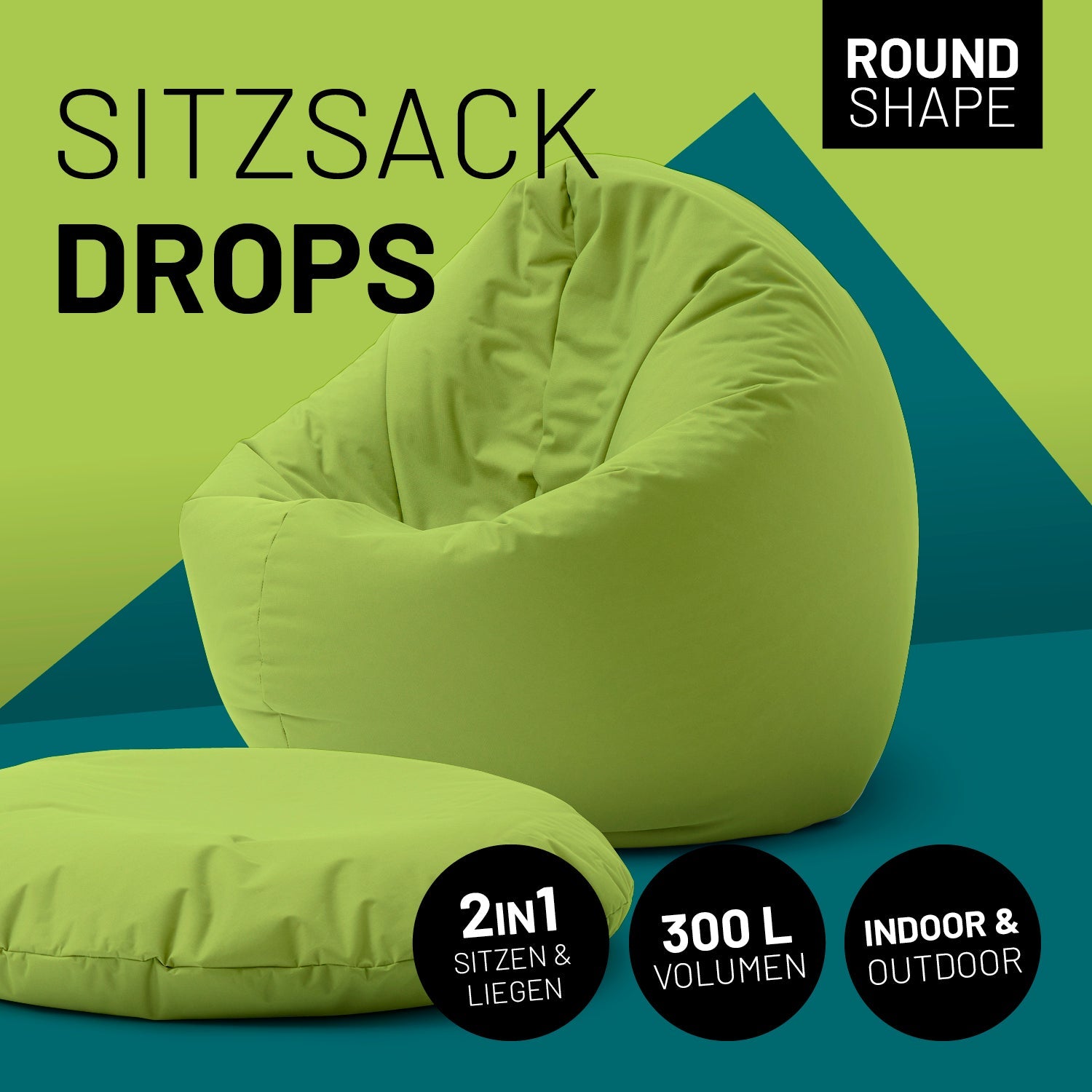 2-in-1-Sitzsack in Grün mit Icon "Round Shape", "2in1 - Sitzen & Liegen", "300 L Volumen" und "Indoor & Outdoor".