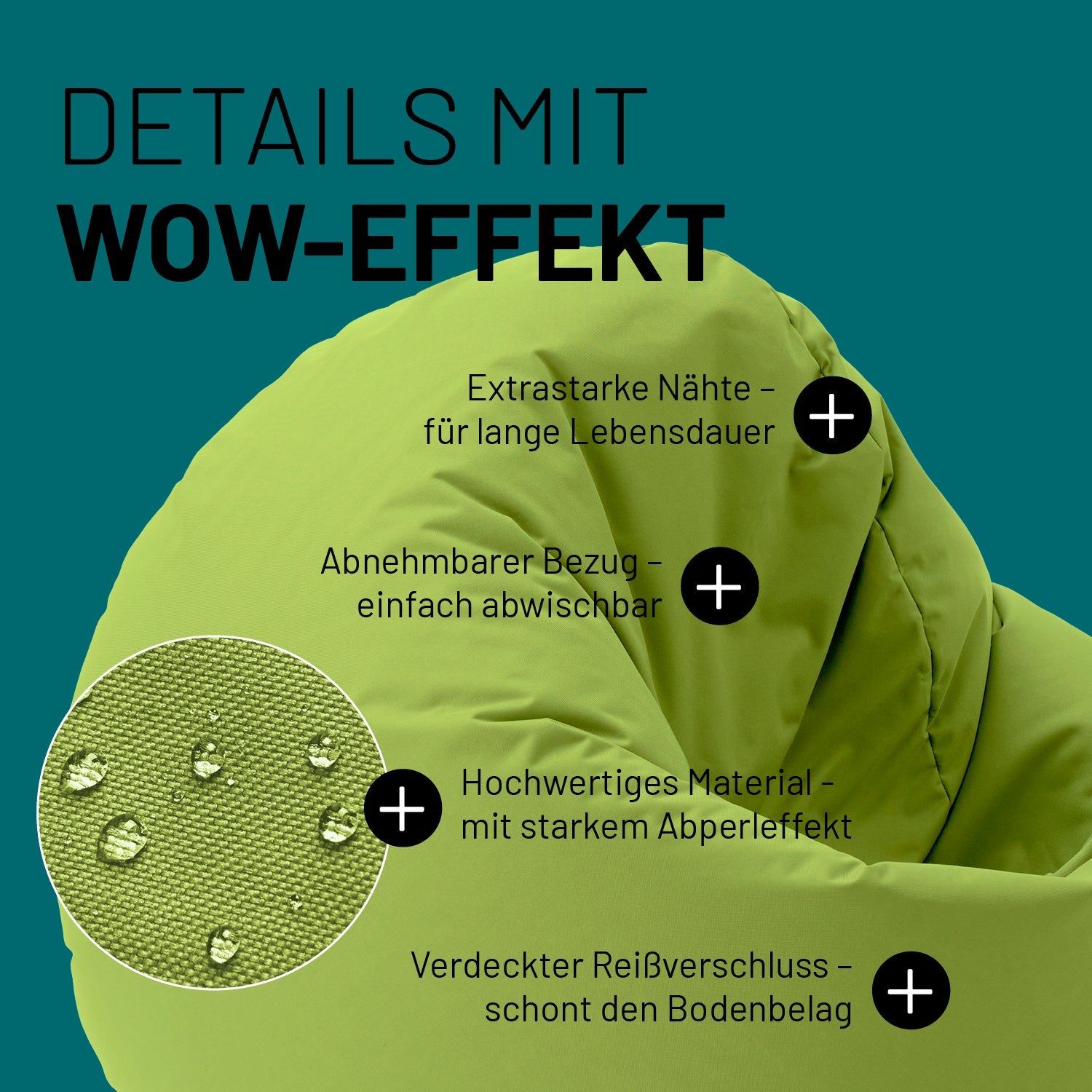 Grüner Sitzsack im Detail mit Informationen zu "Abwischbarer Bezug", "Verdeckter Reißverschluss" und "Extrastarke Nähte".