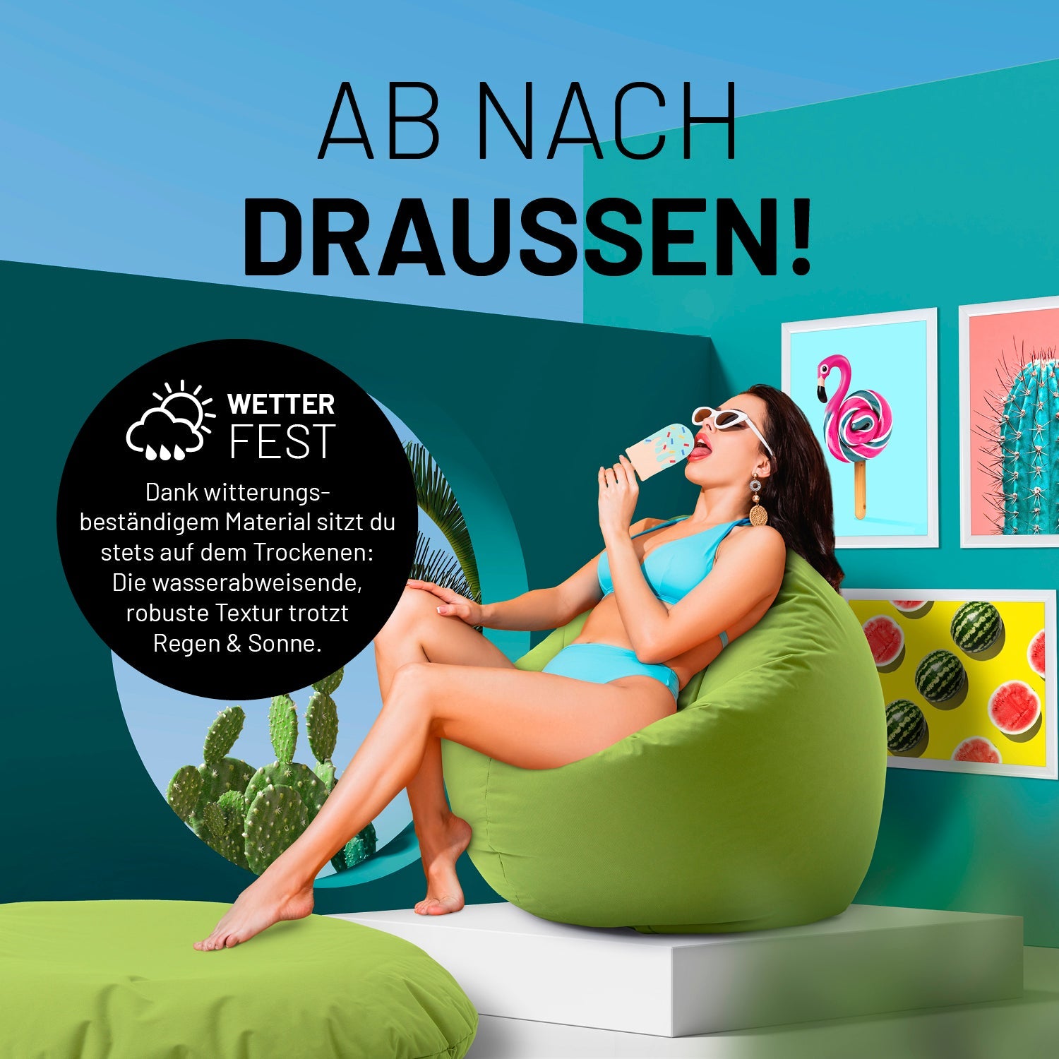 Eine Frau sitzt auf dem grünen Sitzsack und isst Eis in sehr bunten Szene - "Witterungsbeständiges Material."