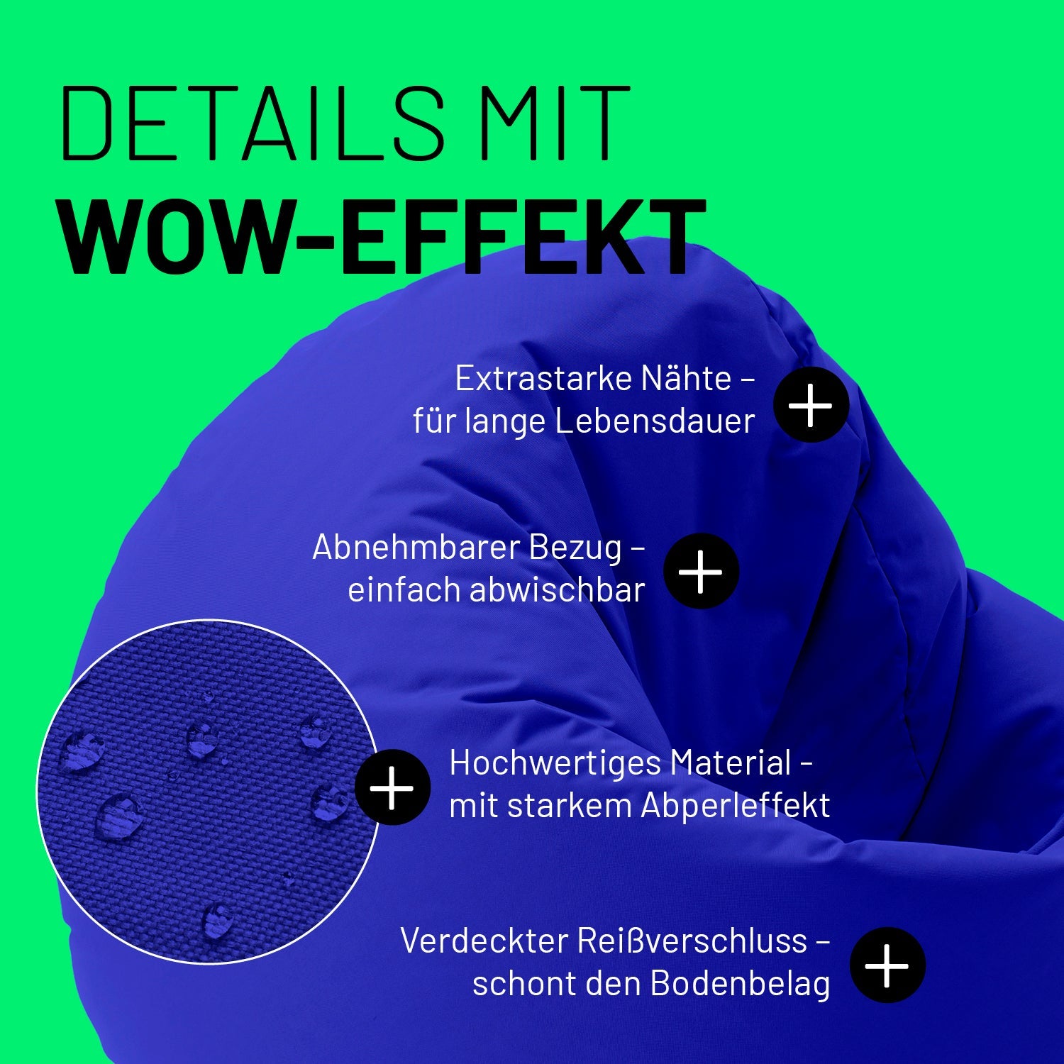 Royalblauer Sitzsack im Detail mit Informationen zu "Abwischbarer Bezug", "Verdeckter Reißverschluss" und "Extrastarke Nähte".