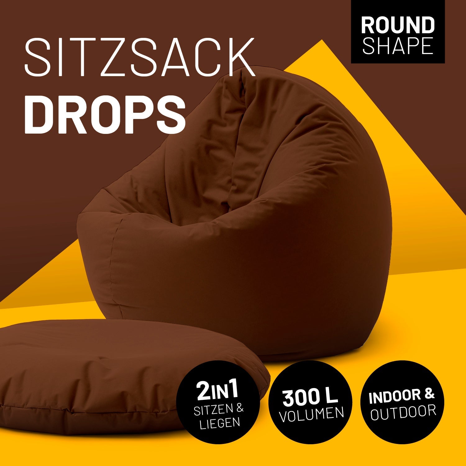2-in-1-Sitzsack in Braun mit Icon "Round Shape", "2in1 - Sitzen & Liegen", "300 L Volumen" und "Indoor & Outdoor".