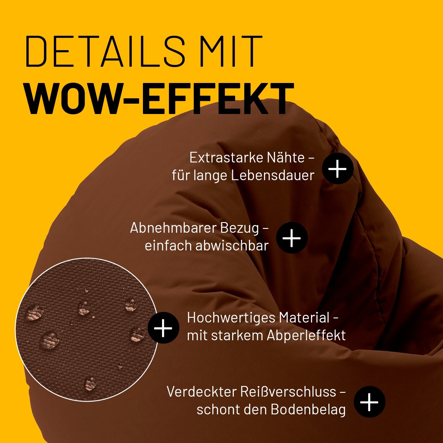 Brauner Sitzsack im Detail mit Informationen zu "Abwischbarer Bezug", "Verdeckter Reißverschluss" und "Extrastarke Nähte".