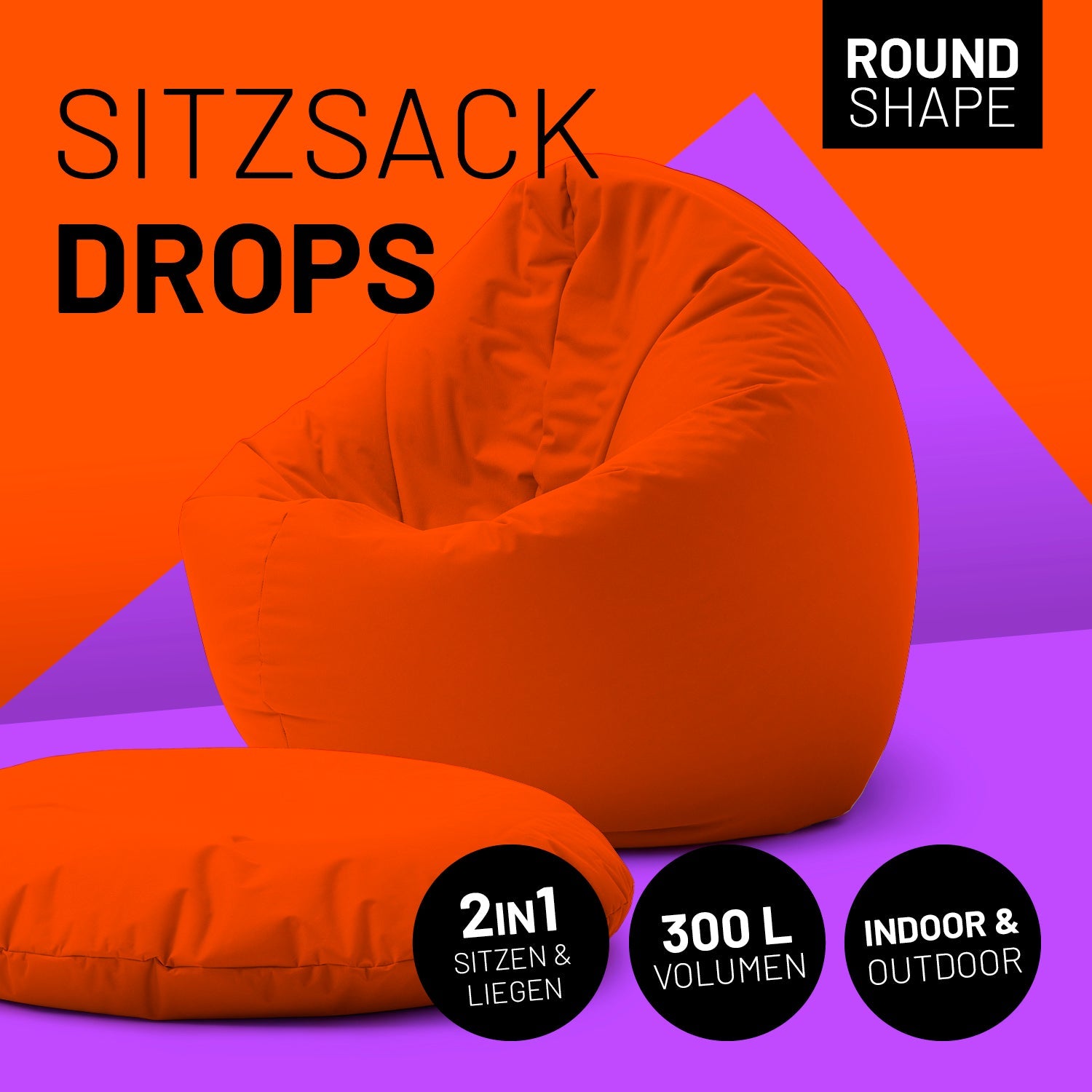 2-in-1-Sitzsack in Orange mit Icon "Round Shape", "2in1 - Sitzen & Liegen", "300 L Volumen" und "Indoor & Outdoor".