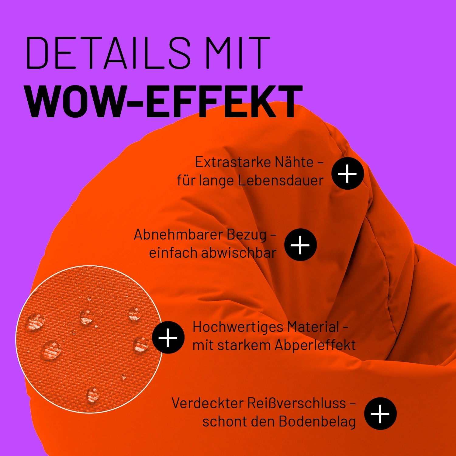 Oranger Sitzsack im Detail mit Informationen zu "Abwischbarer Bezug", "Verdeckter Reißverschluss" und "Extrastarke Nähte".