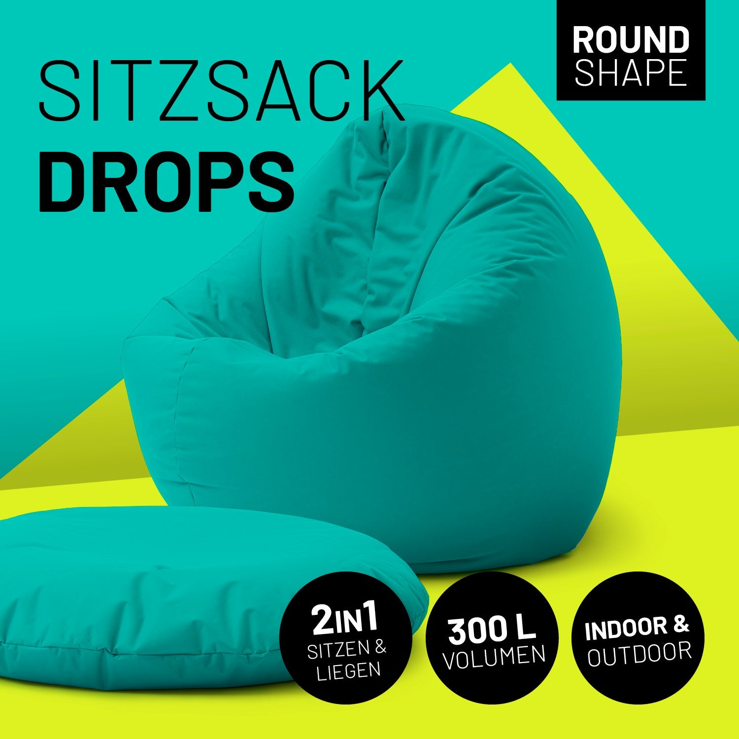 2-in-1-Sitzsack in Türkis mit Icon "Round Shape", "2in1 - Sitzen & Liegen", "300 L Volumen" und "Indoor & Outdoor".
