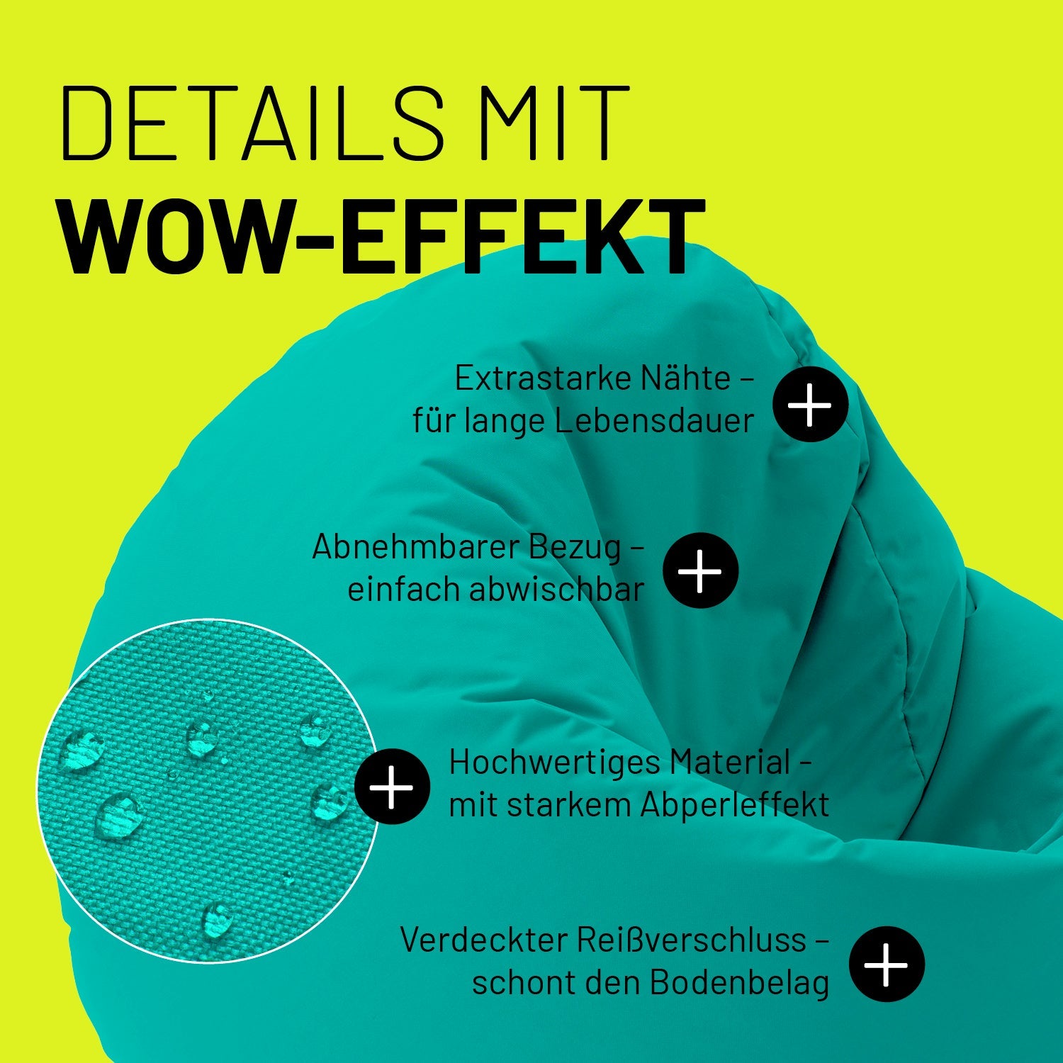 Türkiser Sitzsack im Detail mit Informationen zu "Abwischbarer Bezug", "Verdeckter Reißverschluss" und "Extrastarke Nähte".