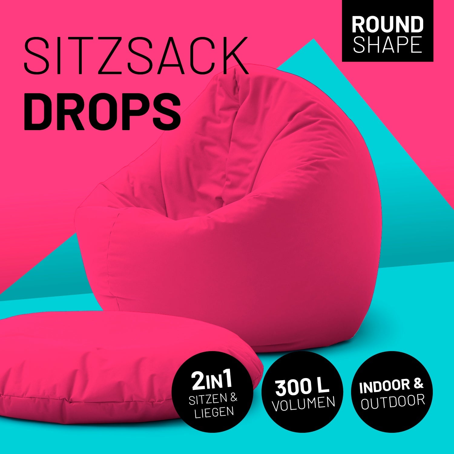 2-in-1-Sitzsack in Pink mit Icon "Round Shape", "2in1 - Sitzen & Liegen", "300 L Volumen" und "Indoor & Outdoor".