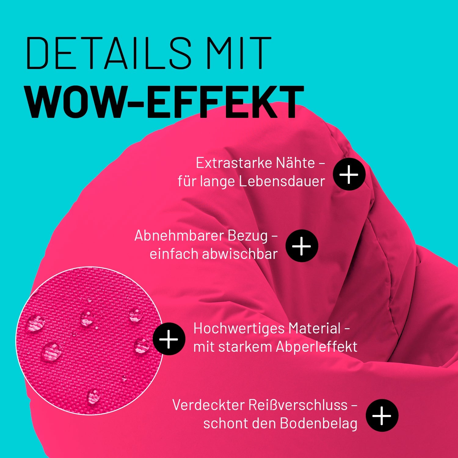 Pinker Sitzsack im Detail mit Informationen zu "Abwischbarer Bezug", "Verdeckter Reißverschluss" und "Extrastarke Nähte".