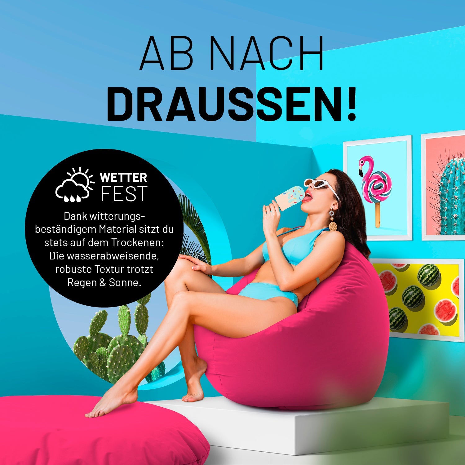 Eine Frau sitzt auf dem pinken Sitzsack und isst Eis in sehr bunten Szene - "Witterungsbeständiges Material."