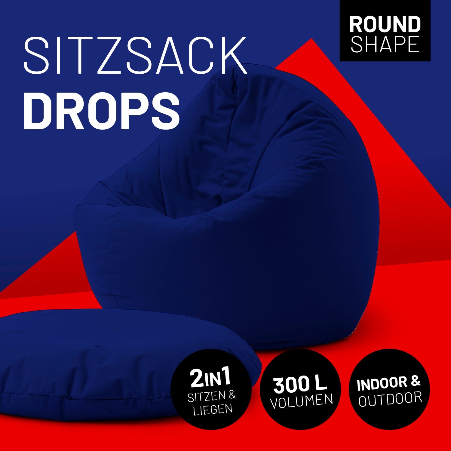 2-in-1-Sitzsack in Dunkelblau mit Icon "Round Shape", "2in1 - Sitzen & Liegen", "300 L Volumen" und "Indoor & Outdoor".