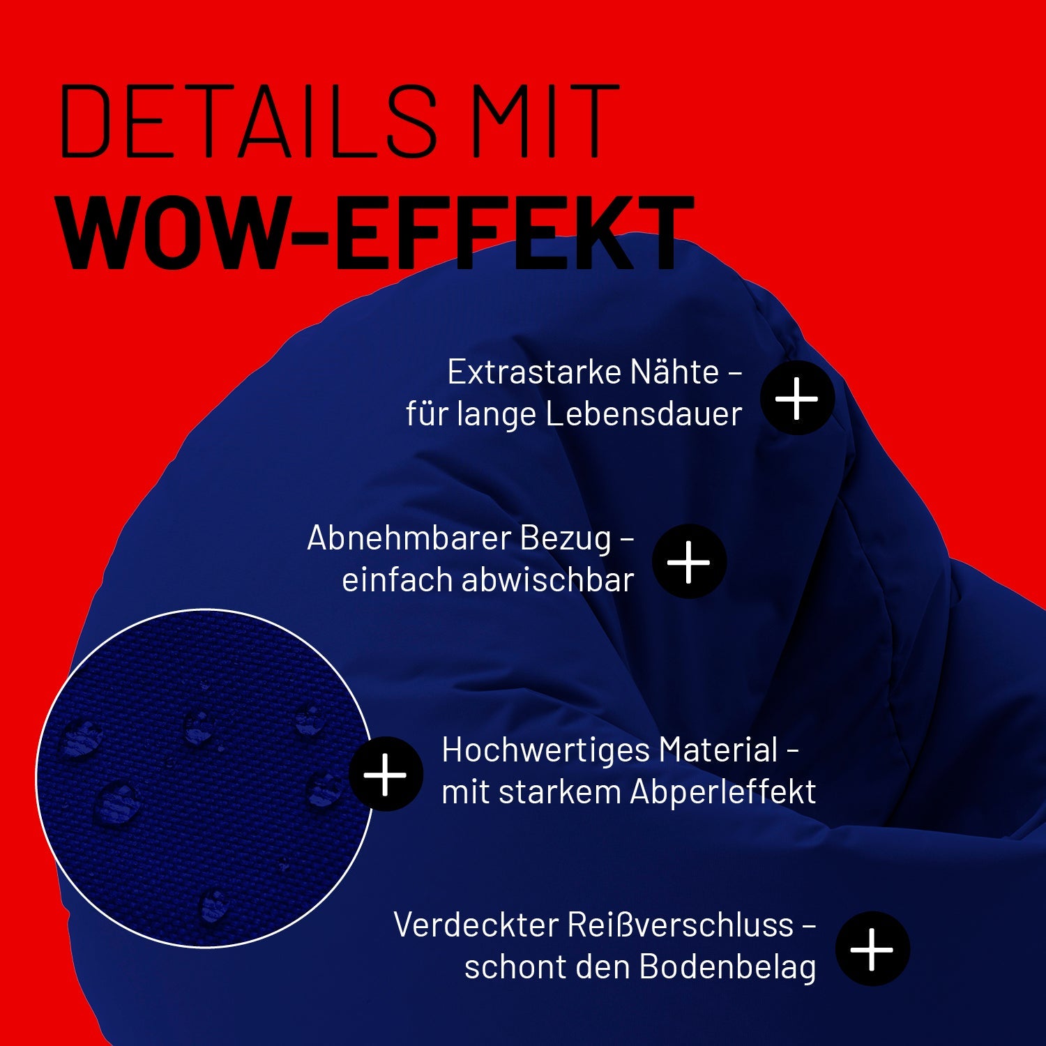 Dunkelblaues Sitzsack im Detail mit Informationen zu "Abwischbarer Bezug", "Verdeckter Reißverschluss" und "Extrastarke Nähte".