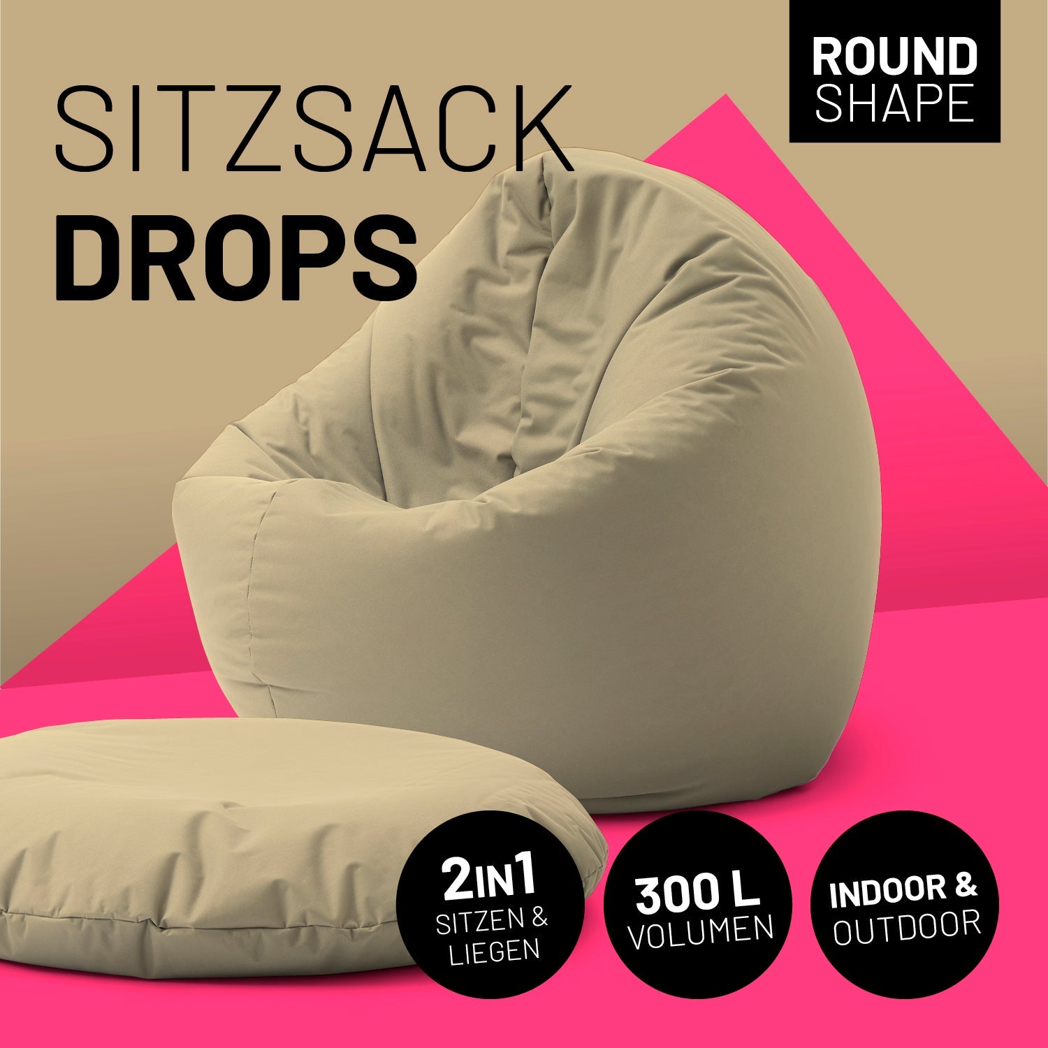2-in-1-Sitzsack in Beige mit Icon "Round Shape", "2in1 - Sitzen & Liegen", "300 L Volumen" und "Indoor & Outdoor".