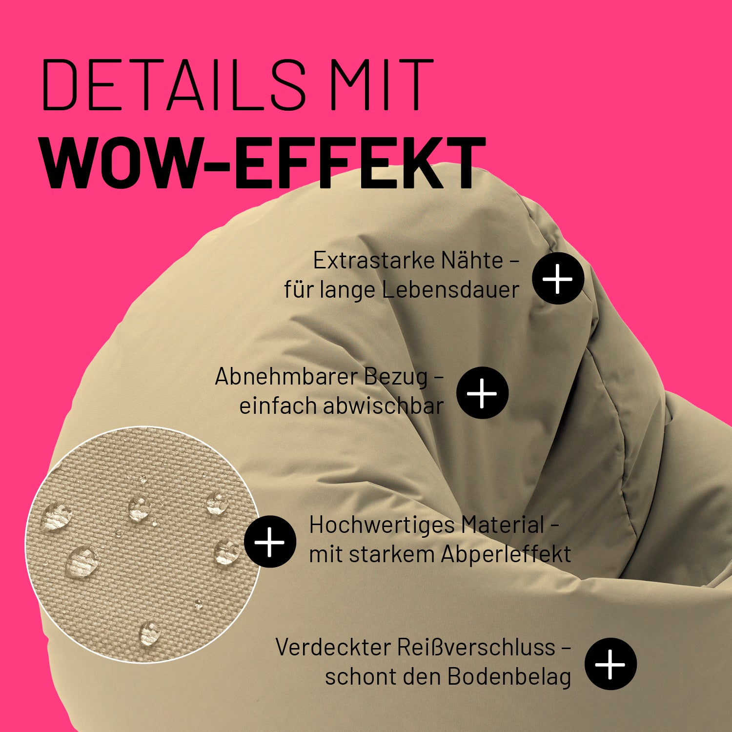 Beiger Sitzsack im Detail mit Informationen zu "Abwischbarer Bezug", "Verdeckter Reißverschluss" und "Extrastarke Nähte".