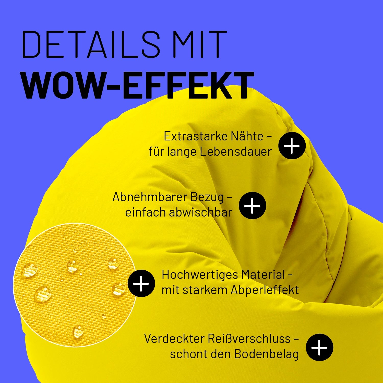 Gelber Sitzsack im Detail mit Informationen zu "Abwischbarer Bezug", "Verdeckter Reißverschluss" und "Extrastarke Nähte".