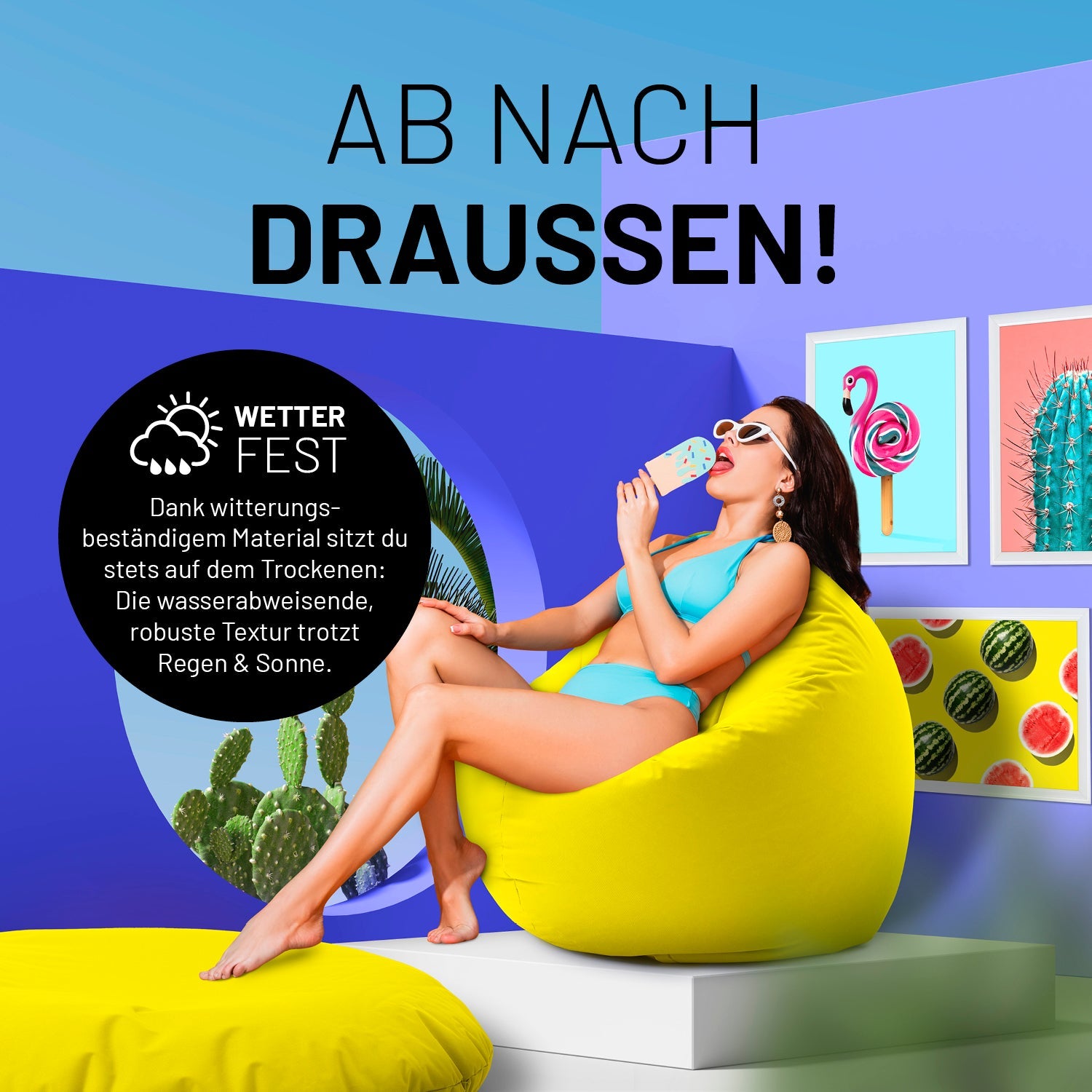 Eine Frau sitzt auf dem gelben Sitzsack und isst Eis in sehr bunten Szene - "Witterungsbeständiges Material."